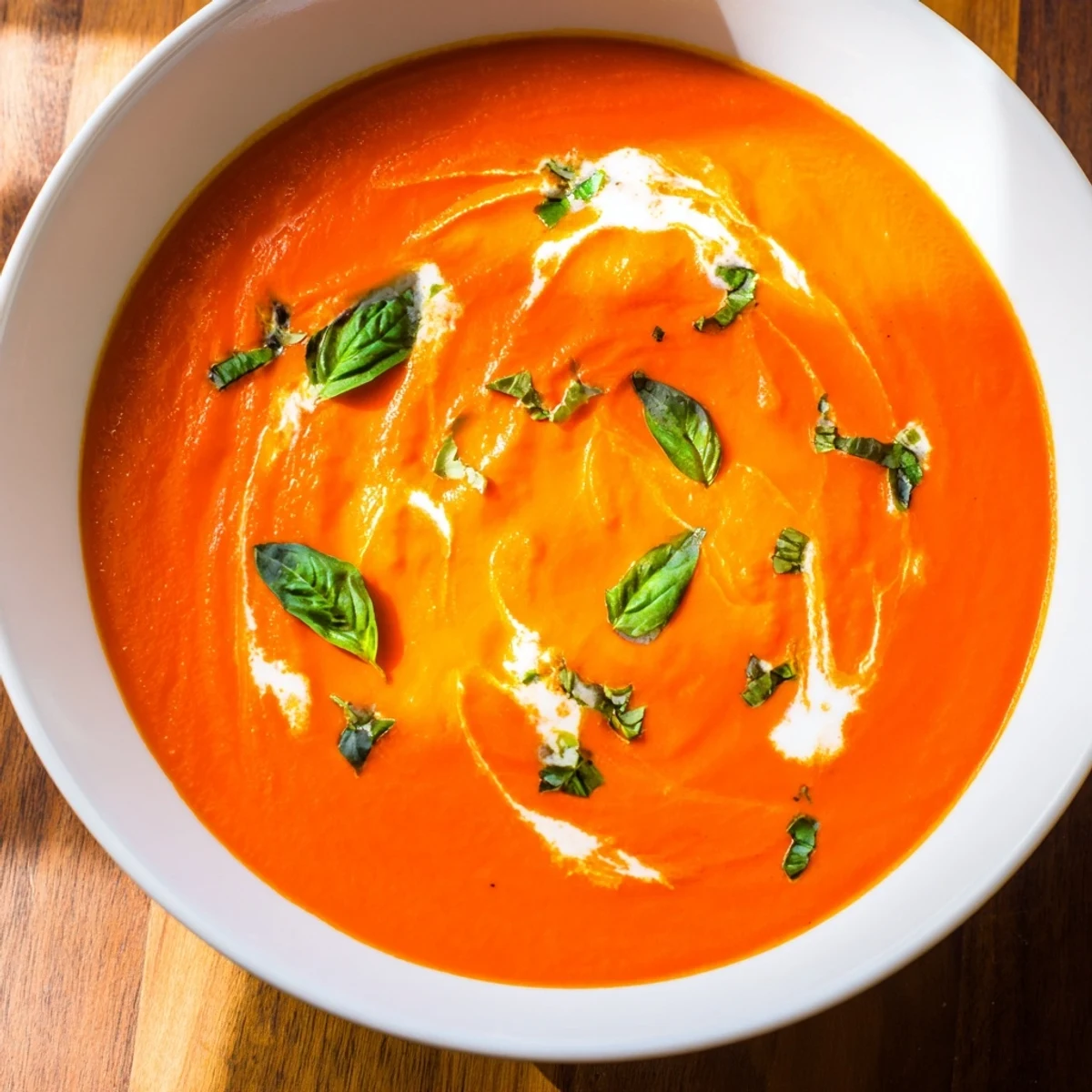 Creamy Tomato and Roasted Red Pepper Soup with Basil in a rustic bowl, garnished with fresh basil and a swirl of cream, served with crusty bread.