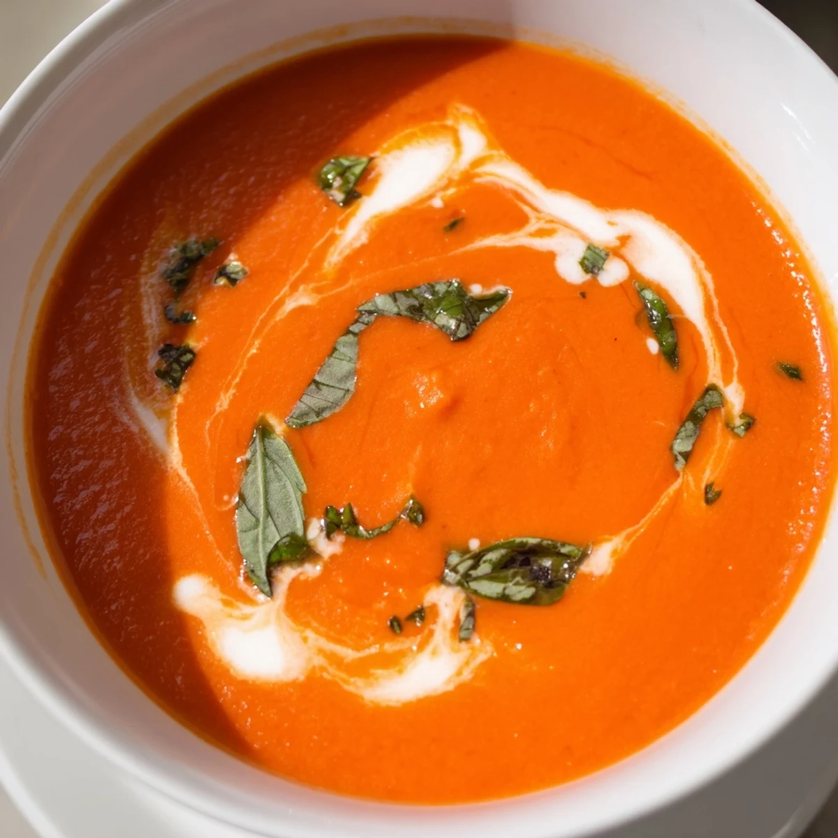 Close-up of Creamy Tomato and Roasted Red Pepper Soup with Basil, showing a velvety, rich texture and vibrant red-orange color in a white ceramic mug.