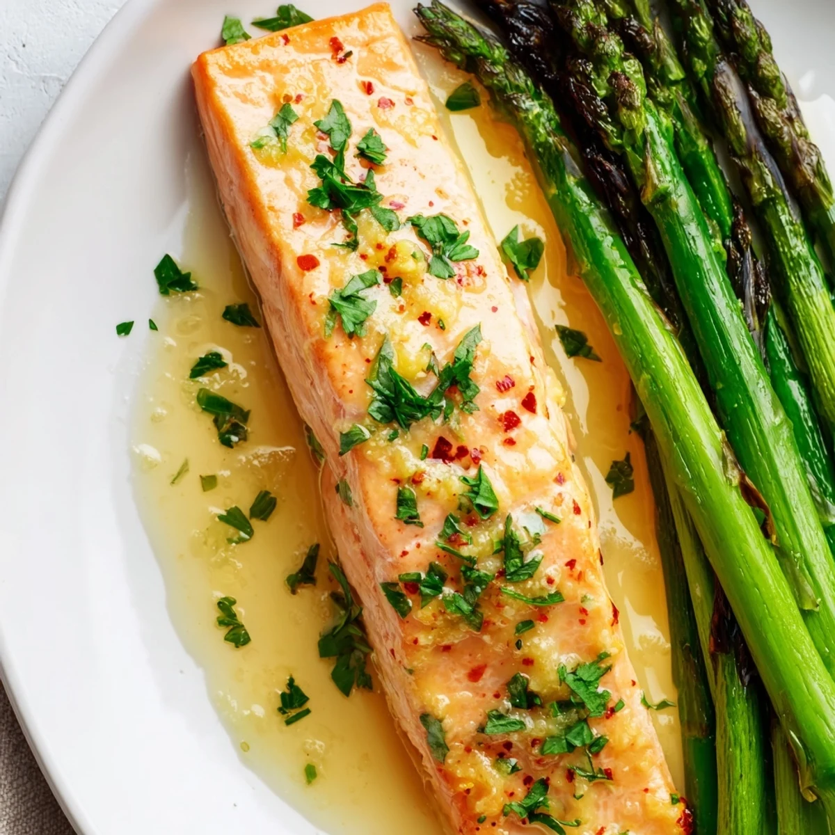 Golden-baked Lemon Garlic Butter Salmon fillets paired with tender roasted asparagus on a parchment-lined sheet pan.