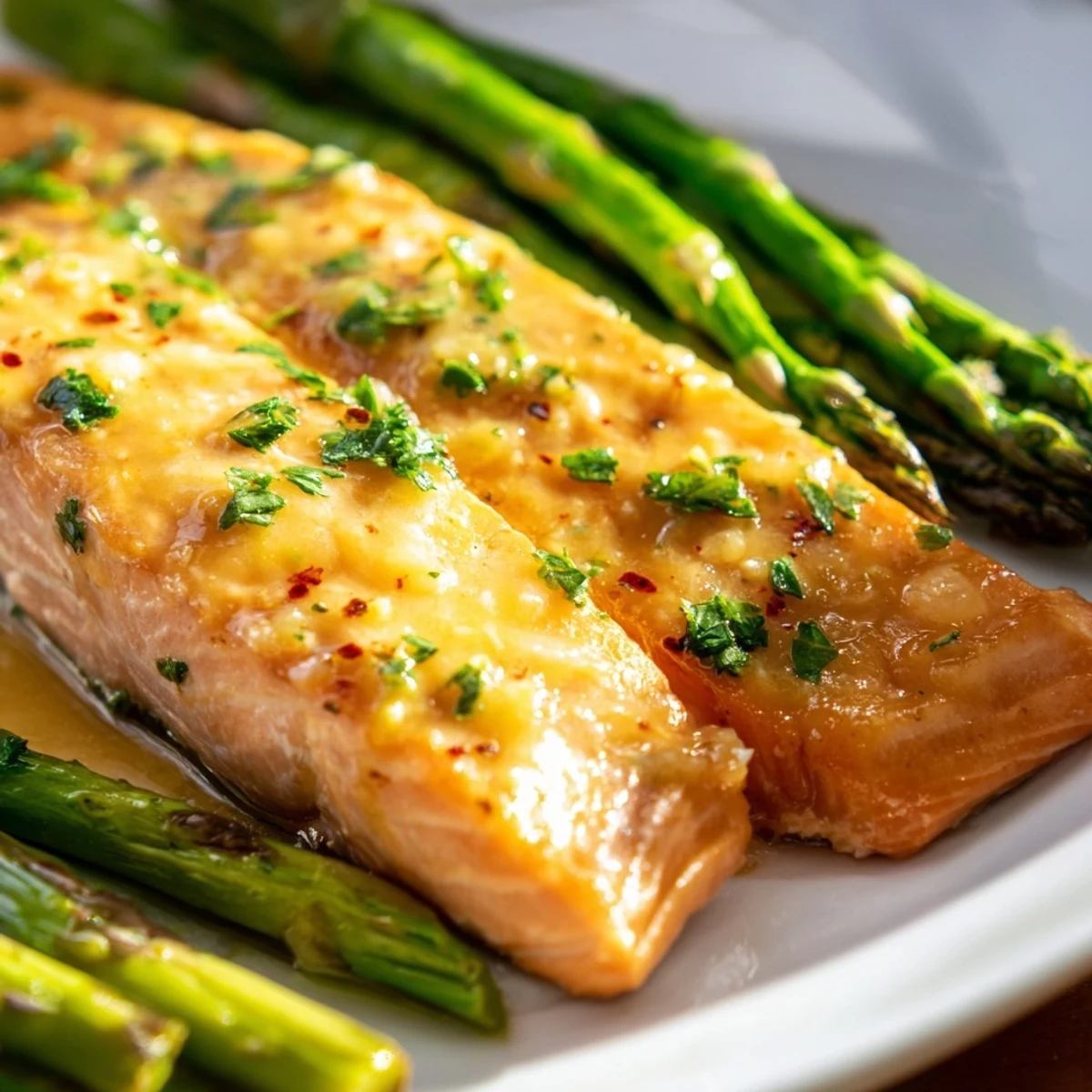 Close-up of fork-tender Lemon Garlic Butter Salmon with roasted asparagus, garnished with fresh parsley and lemon wedges.