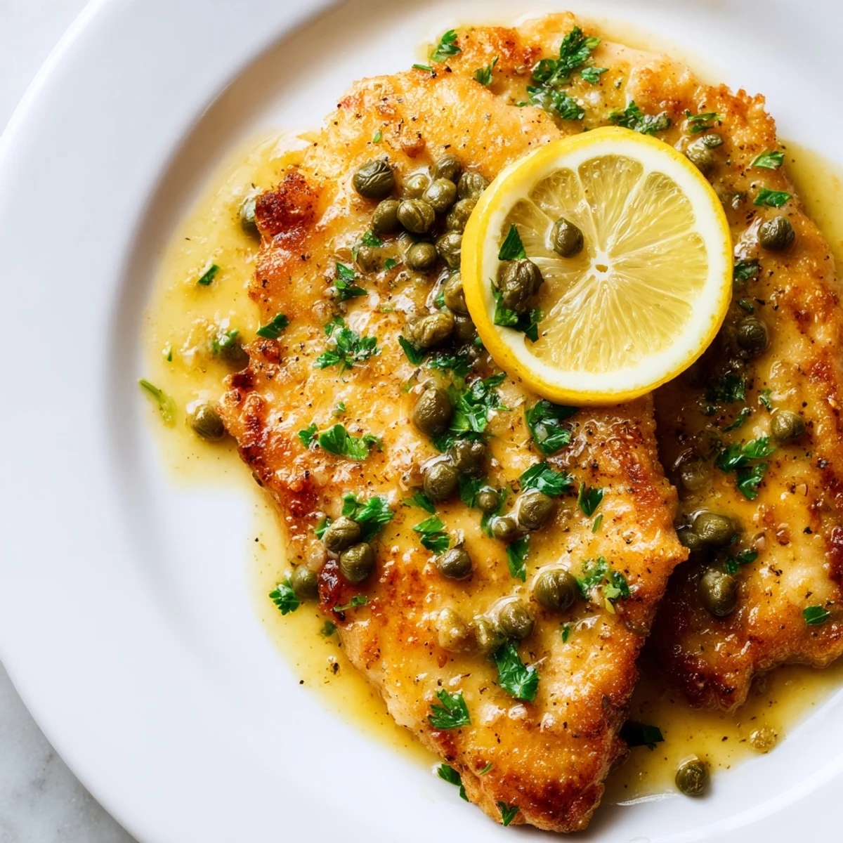 Golden brown Chicken Piccata with capers rests in a glossy lemon butter sauce, garnished with fresh parsley.