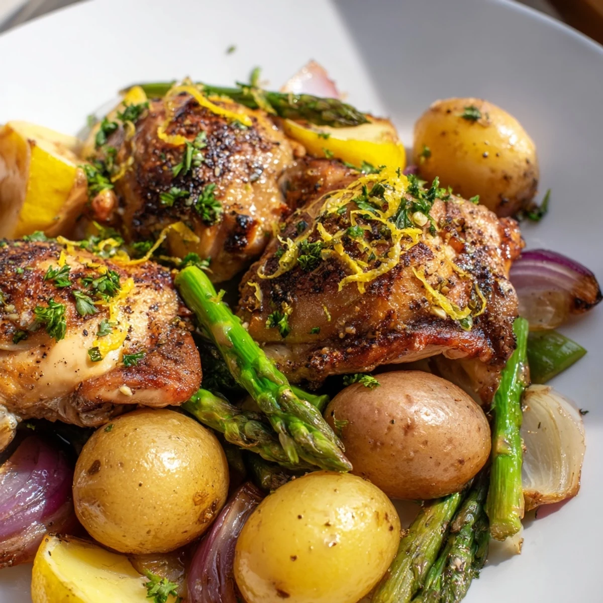 Golden roasted Sheet Pan Lemon Herb Chicken with asparagus and potatoes, garnished with fresh parsley and lemon wedges.