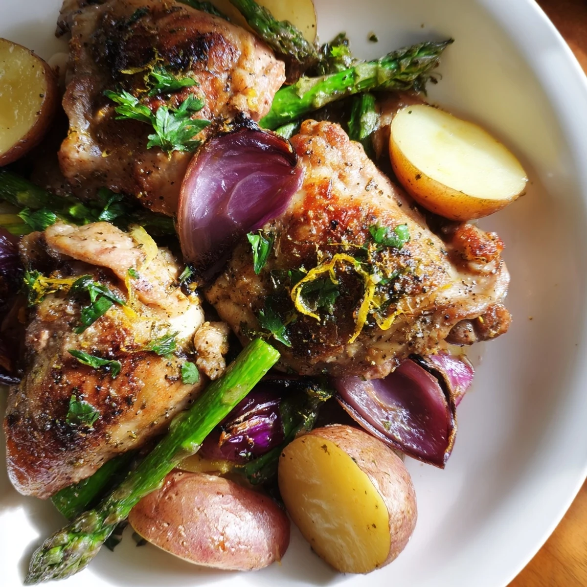 Close-up of the Sheet Pan Lemon Herb Chicken, highlighting golden potatoes and vibrant green asparagus spears glistening with olive oil.