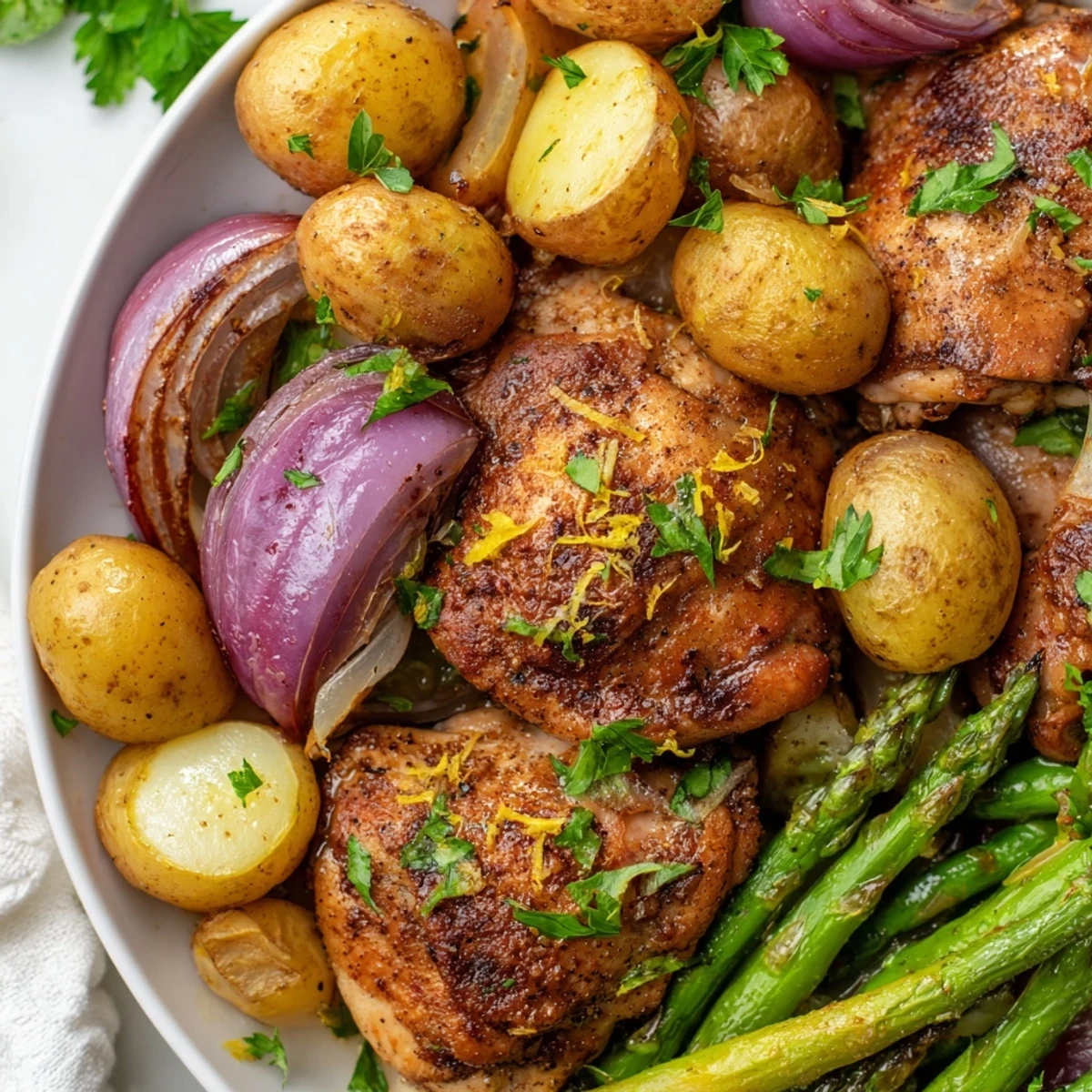 Juicy chicken thighs and tender asparagus alongside crisp potatoes in this easy, one-pan dinner, served right on the sheet pan.
