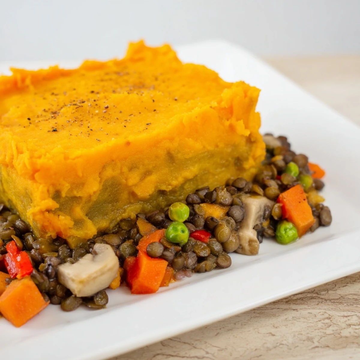 Golden brown Vegan Lentil and Sweet Potato Shepherds Pie served hot from the oven with a rustic spoon ready to serve.
