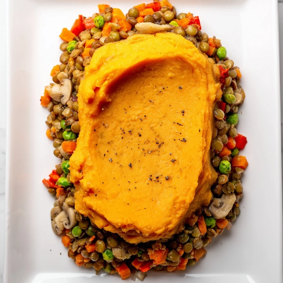 Close up of bubbly Vegan Lentil and Sweet Potato Shepherds Pie featuring a golden crust and colorful vegetable filling.
