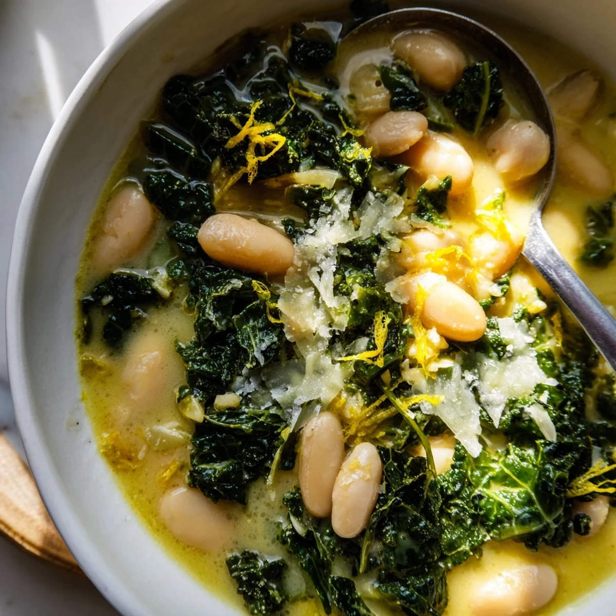 White Bean and Kale Soup with Lemon Zest and Parmesan served steaming hot in a rustic bowl with crusty bread. 