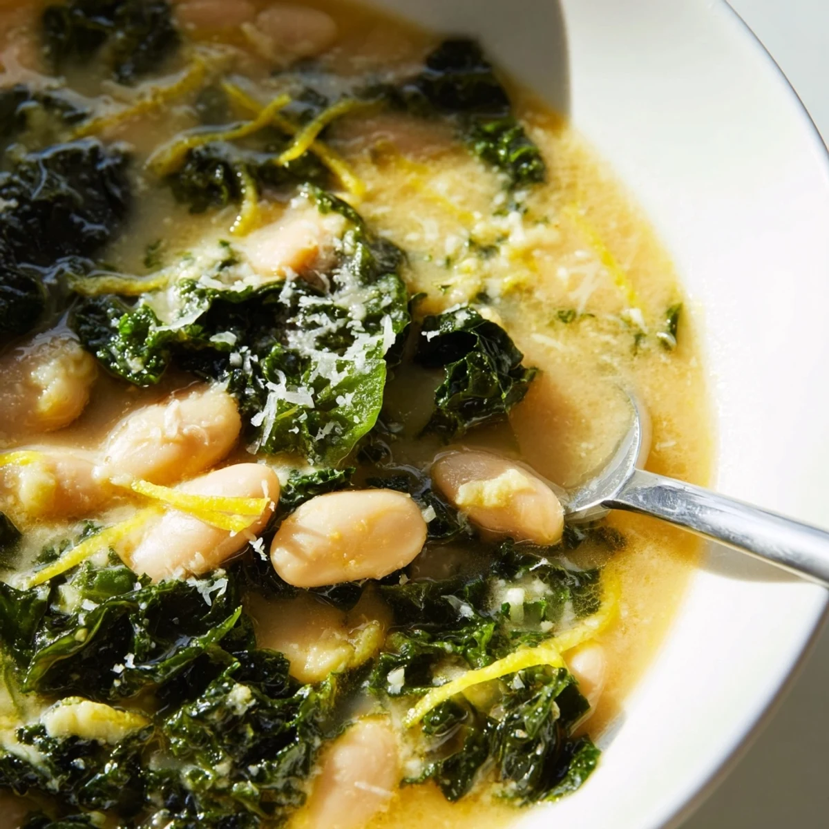 A close-up view of the White Bean and Kale Soup with Lemon Zest and Parmesan featuring vibrant green kale and creamy beans. 