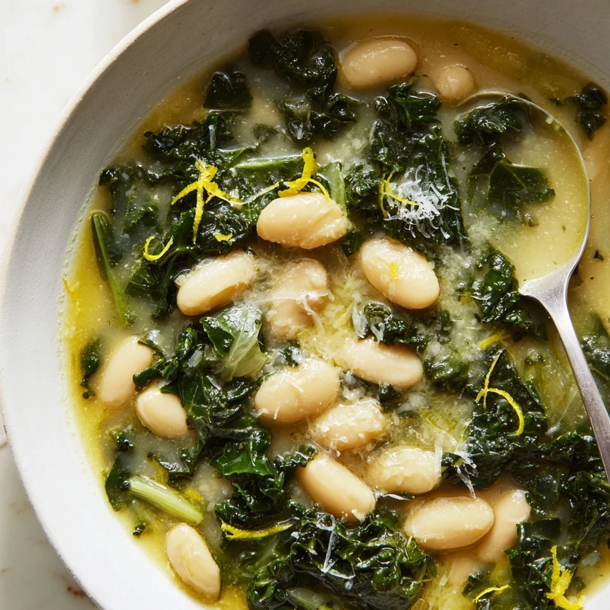 A nourishing bowl of White Bean and Kale Soup with Lemon Zest and Parmesan garnished with fresh parsley and cheese.