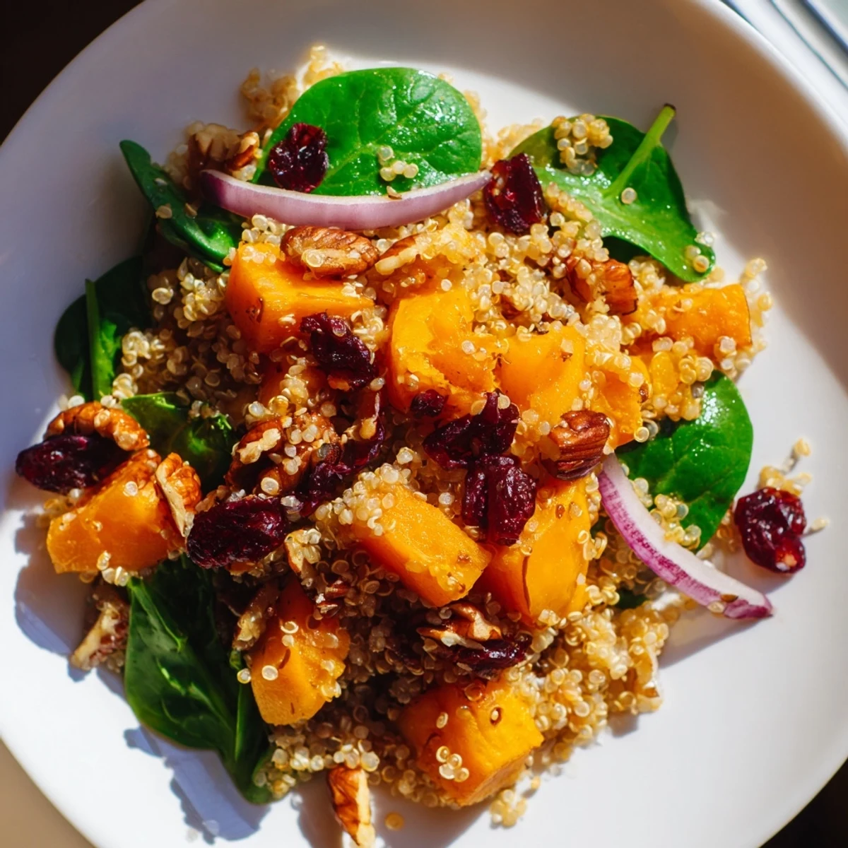 Warm Quinoa Salad with Roasted Butternut Squash and Cranberries served on a rustic plate with a fork, highlighting the fluffy grains and golden squash cubes.