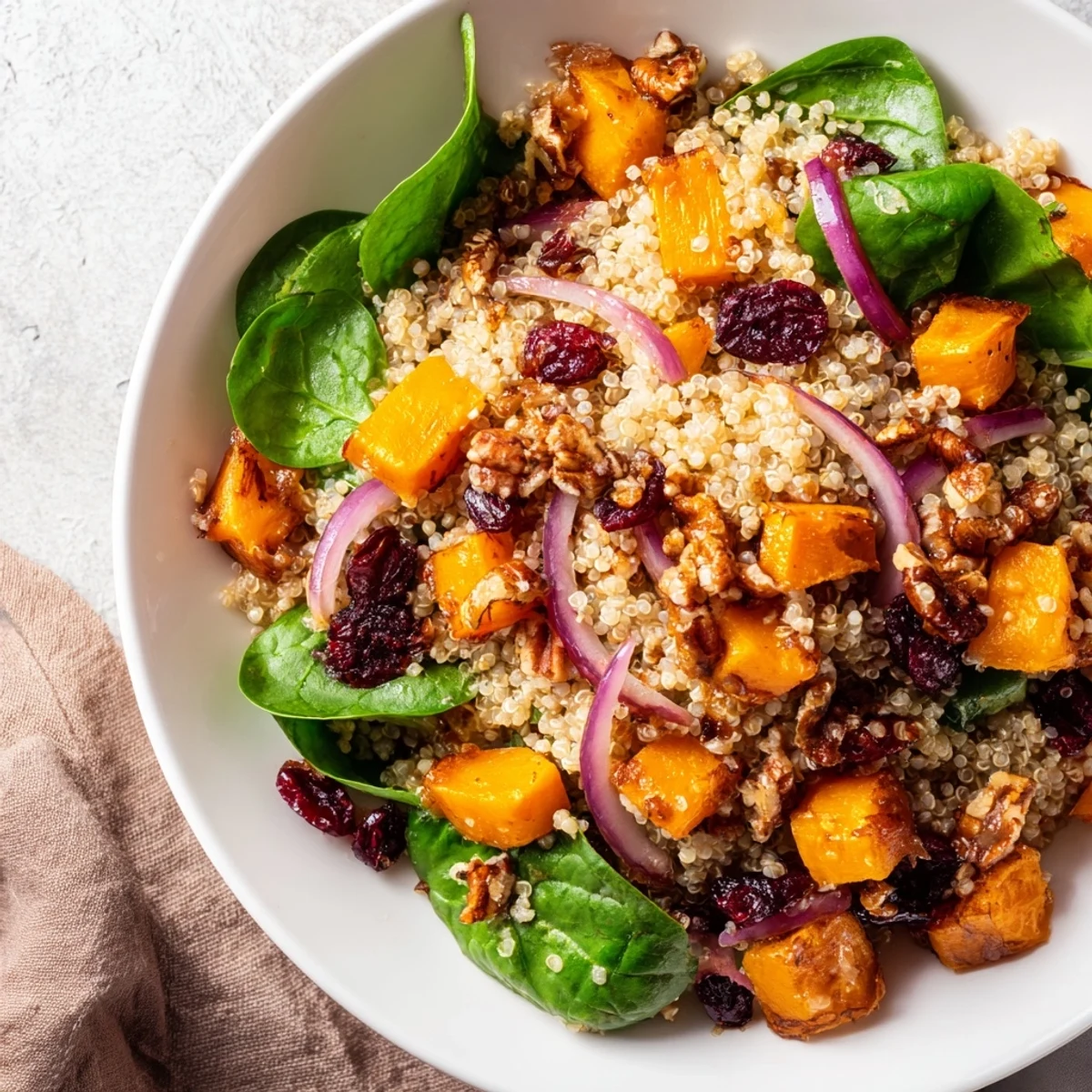 Close-up of Warm Quinoa Salad with Roasted Butternut Squash and Cranberries, showing vibrant orange squash, red cranberries, and chopped pecans glistening with dressing.