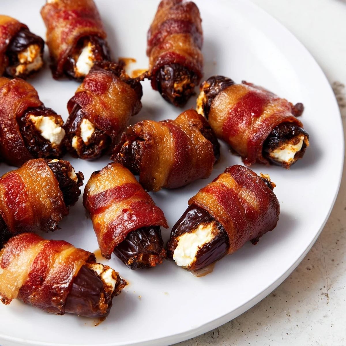 Crispy beef bacon wrapped dates topped with honey and parsley, served warm on a wooden board.