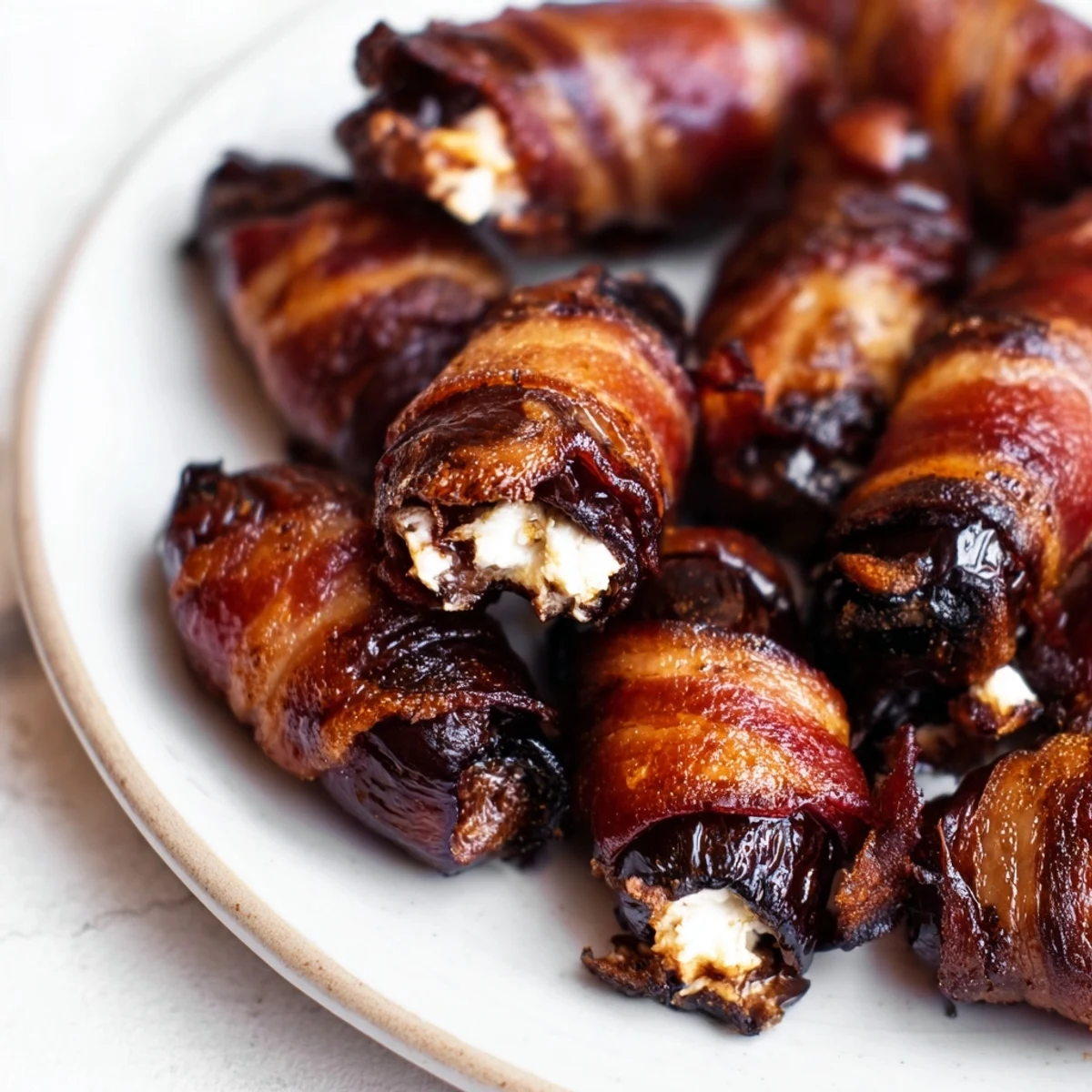 Air Fryer Crispy Beef Bacon Wrapped Dates glistening with a golden brown beef bacon shell, ready to enjoy.