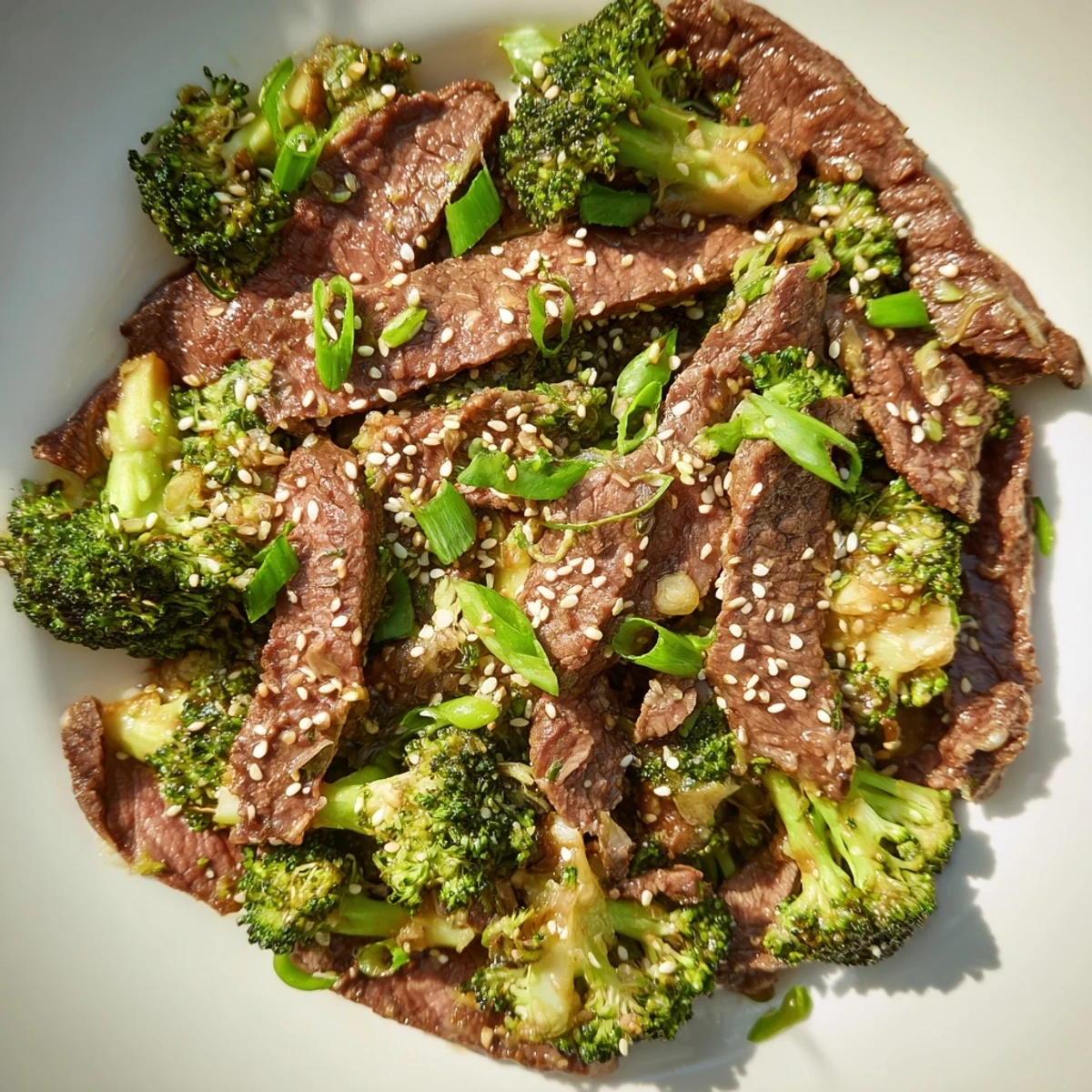 Sizzling Keto Friendly Beef and Broccoli Stir Fry with Ginger, with tender beef and bright green broccoli florets, served on a white plate.