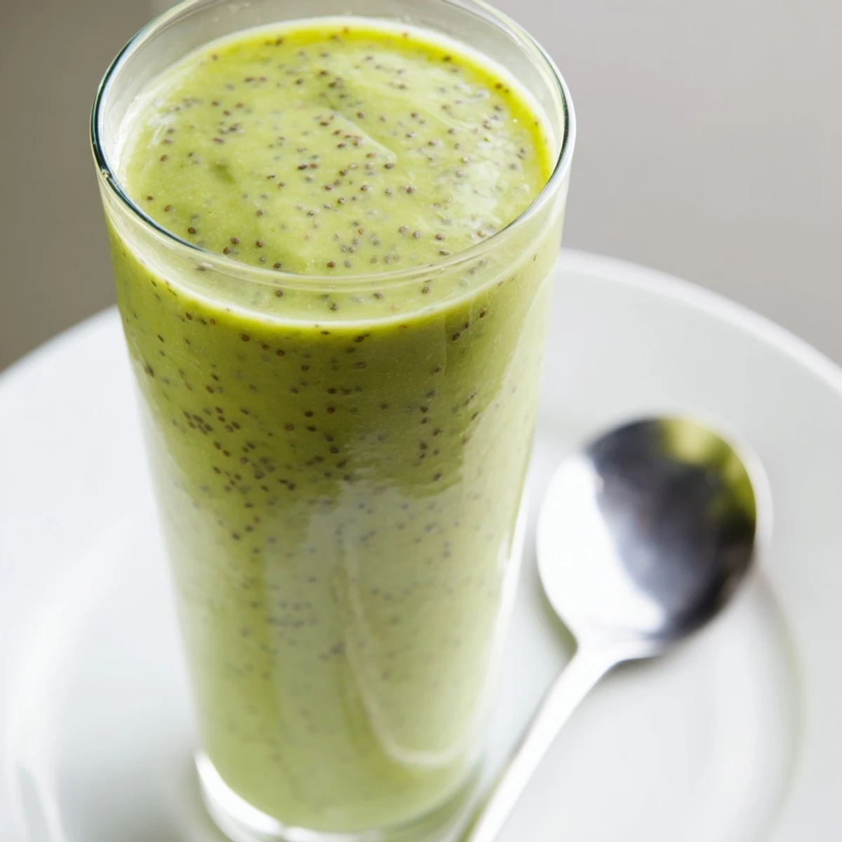 A tall glass of Detox Green Smoothie with Spinach, Ginger, and Apple, garnished with fresh apple slices and chia seeds.