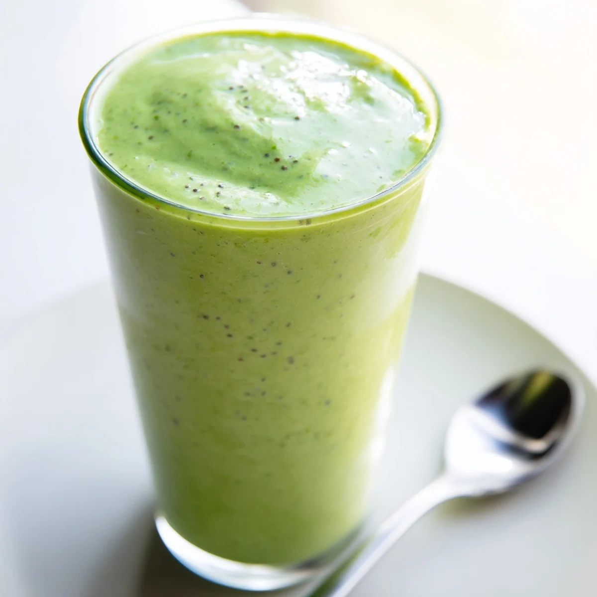Packed with spinach, green apple, and zesty ginger, this Detox Green Smoothie is poured into a frosty glass.