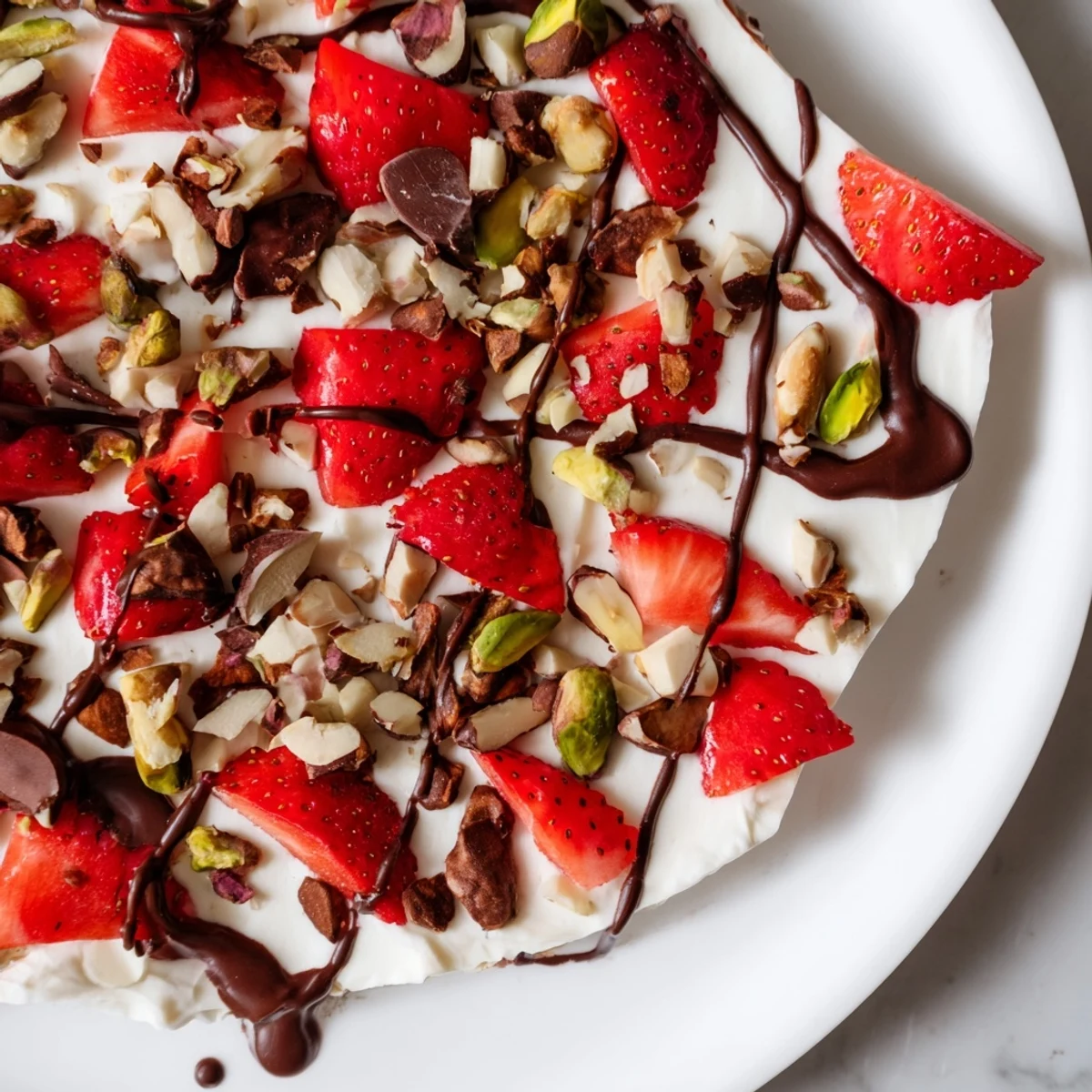 Creamy chocolate covered strawberry yogurt bark topped with fresh berries and crunchy nuts on a chilled plate.