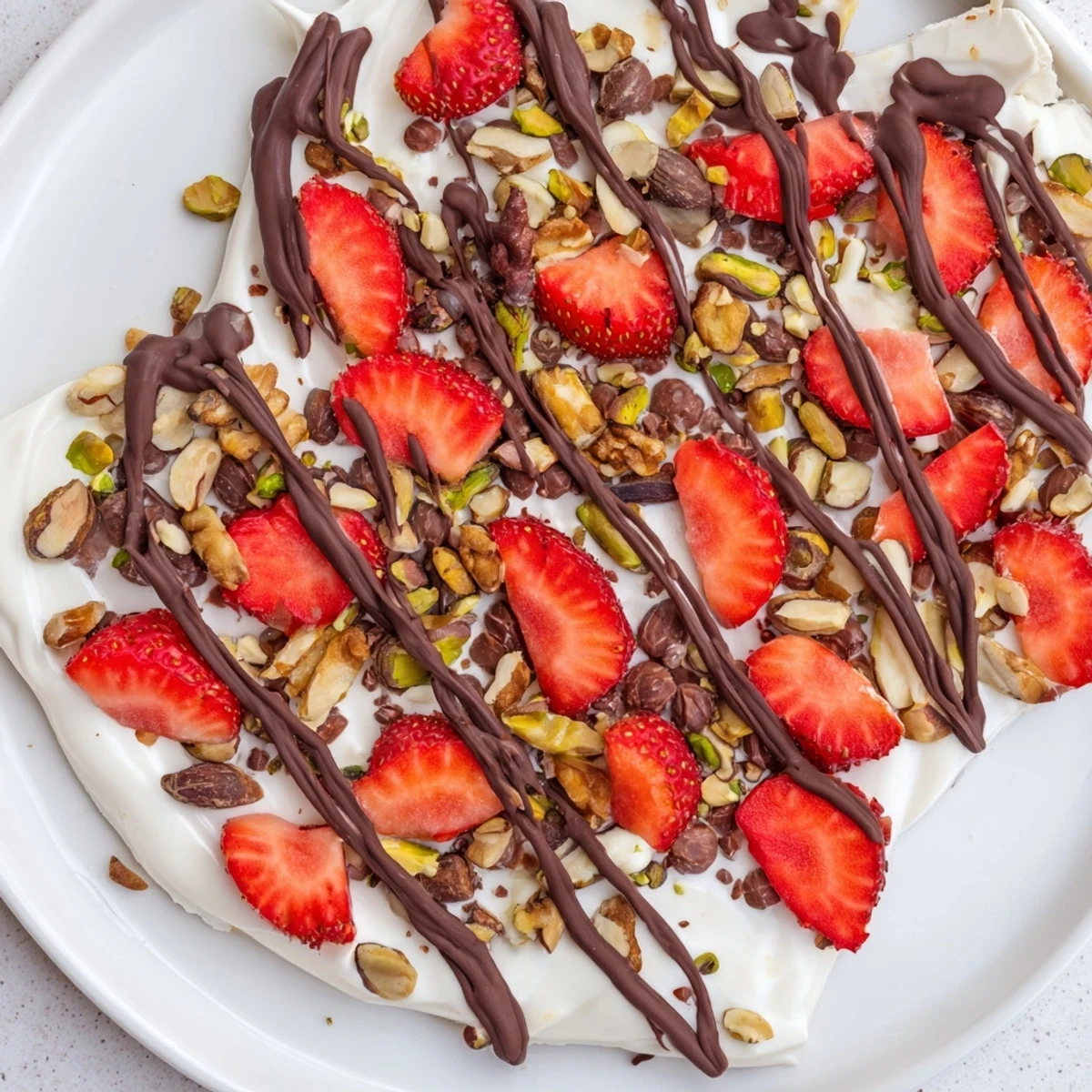 Frozen chocolate covered strawberry yogurt bark broken into shards, served on a wooden board for a healthy snack.