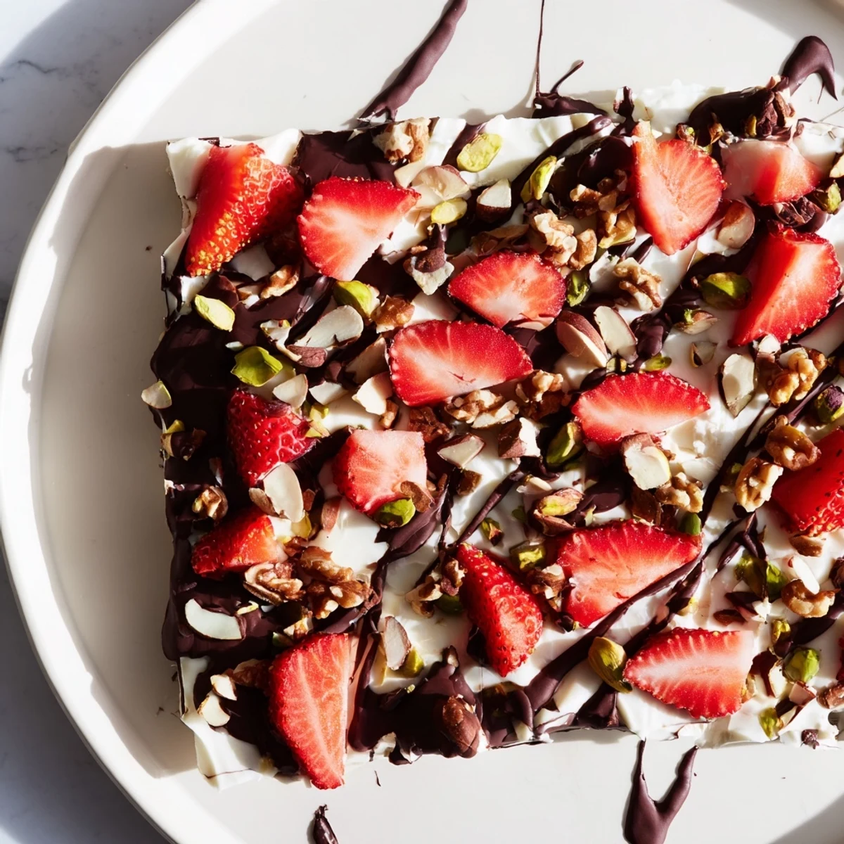 Rich dark chocolate drizzled over chocolate covered strawberry yogurt bark with sliced strawberries and chopped almonds.