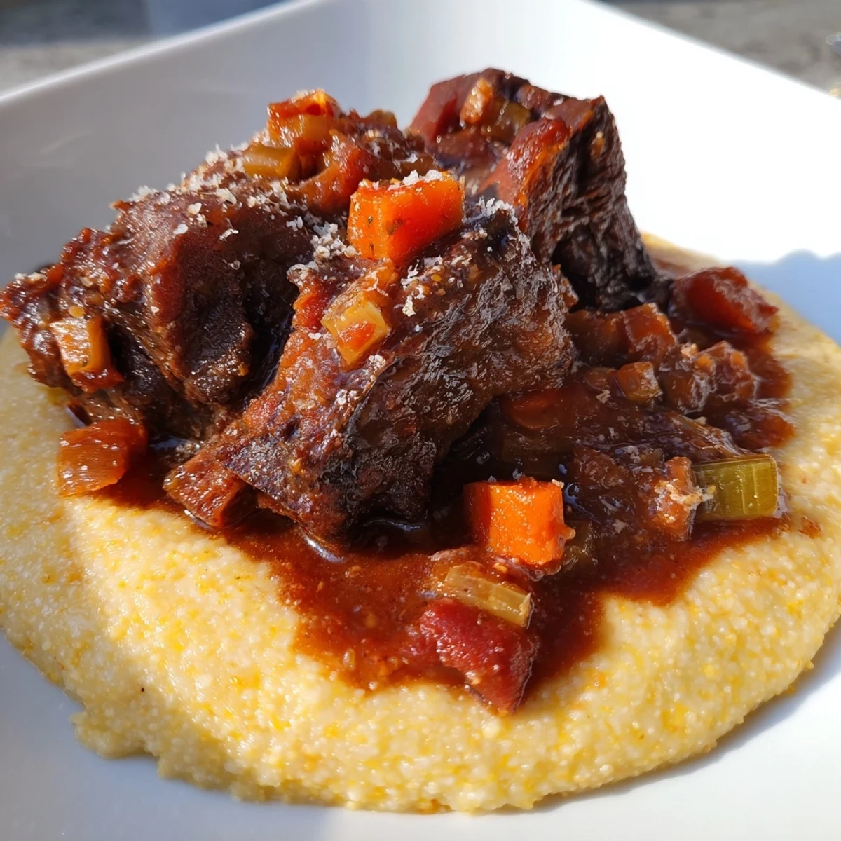 Fork-tender Slow Cooked Beef Short Ribs with Creamy Polenta, glazed with a rich red wine reduction and fresh rosemary garnish.