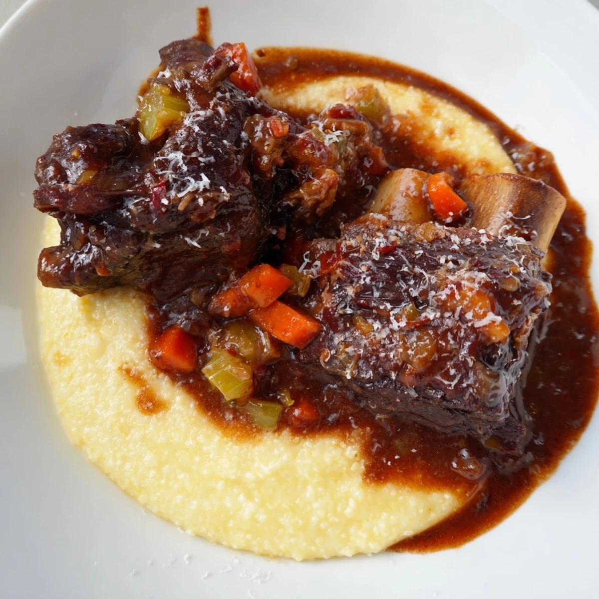 Close-up of Slow Cooked Beef Short Ribs with Creamy Polenta, showing succulent meat and silky, Parmesan-flecked texture on the fork.
