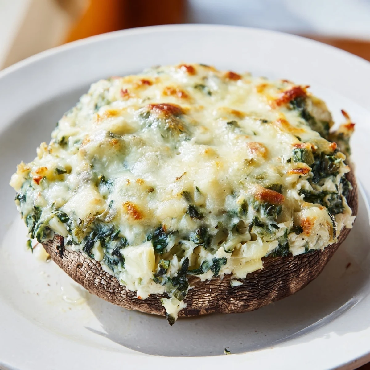 A close-up of baked Cheesy Spinach and Artichoke Stuffed Portobello Mushrooms on a rustic plate with fresh herbs.