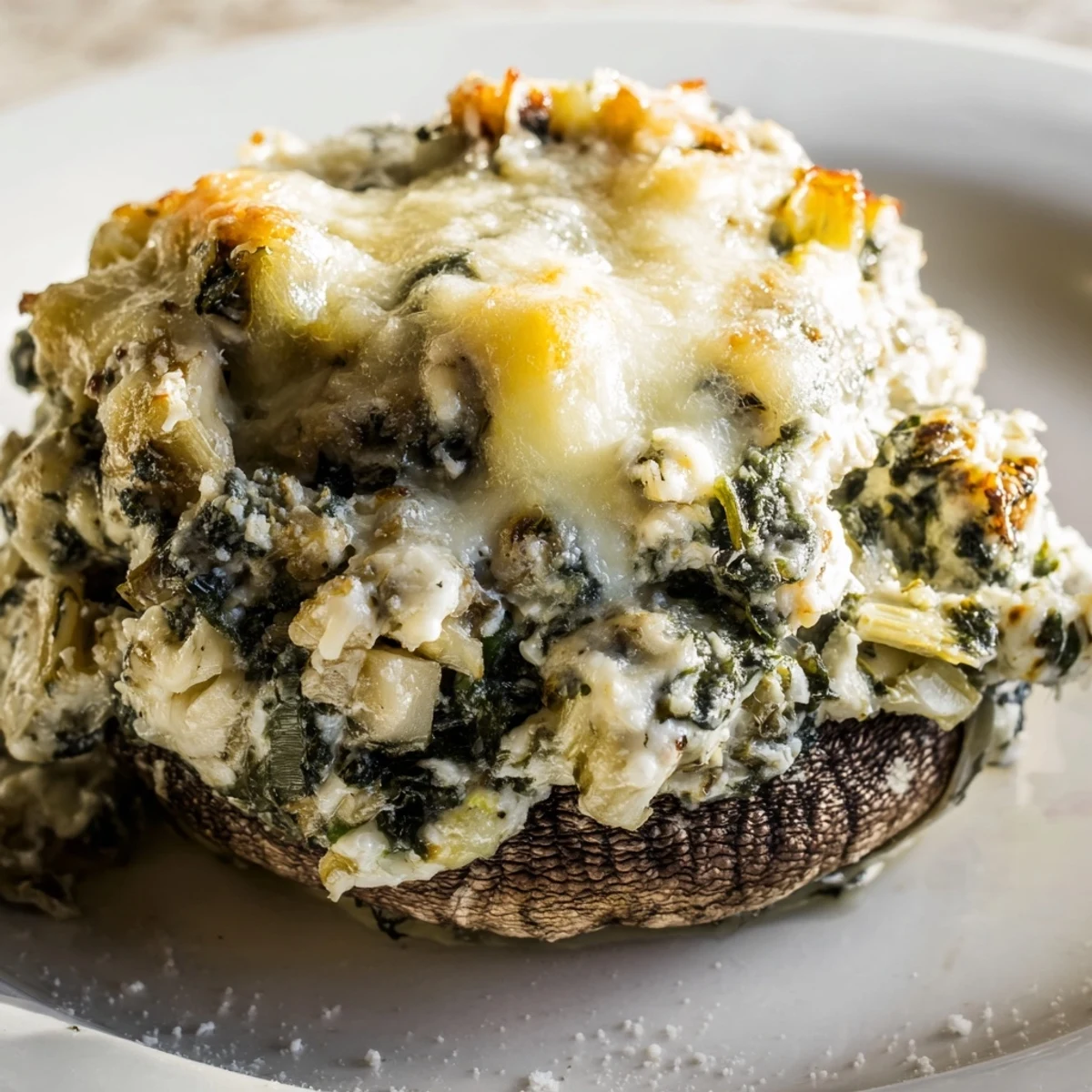 Hearty vegetarian Cheesy Spinach and Artichoke Stuffed Portobello Mushrooms served warm as a main dish.