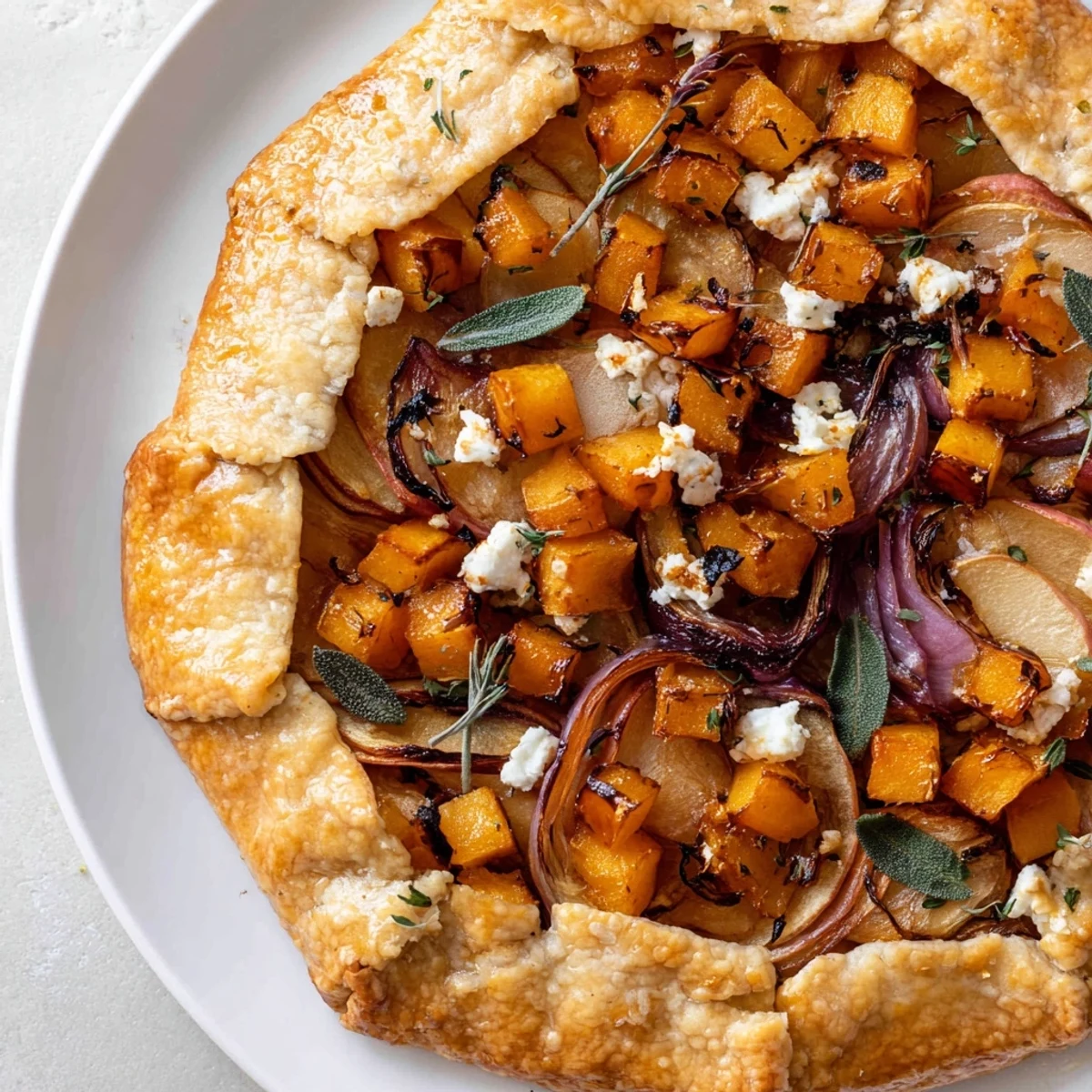 Rustic roasted butternut squash and apple galette with sage in a golden flaky pastry, served warm as a cozy vegetarian main.