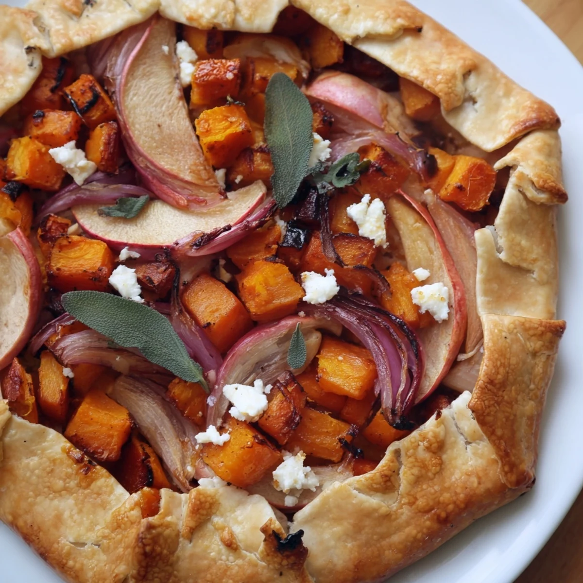 Golden-brown galette filled with caramelized butternut squash and sweet apples, topped with fragrant sage on a rustic baking sheet.