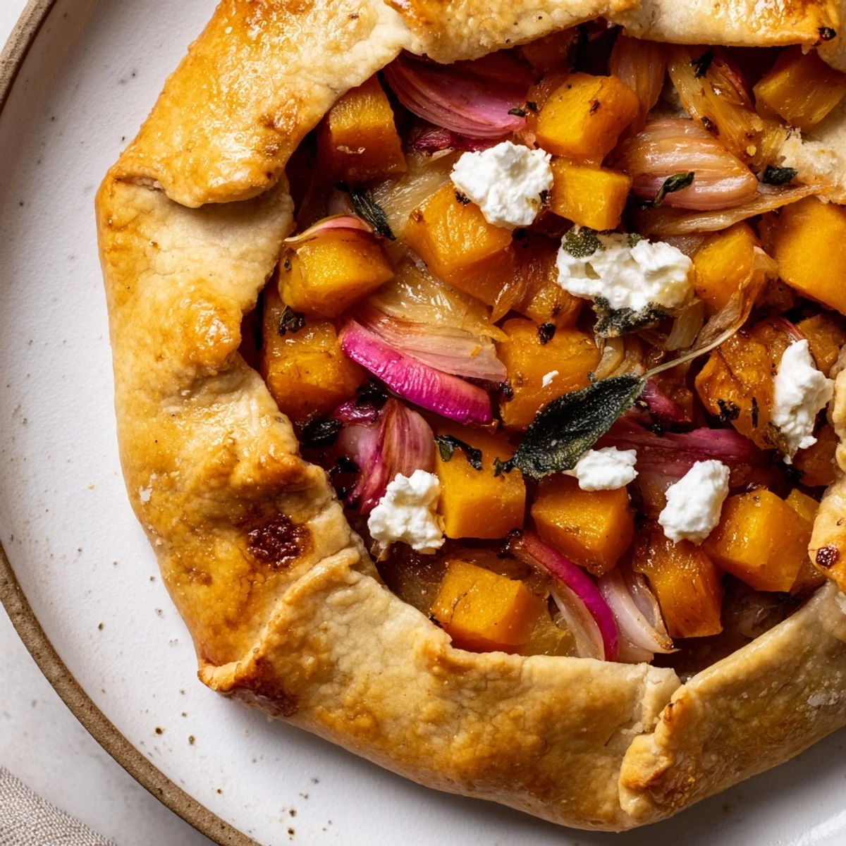 Flaky pastry galette with roasted butternut squash, tender apples, and sage, ready to slice for an autumn vegetarian dinner.