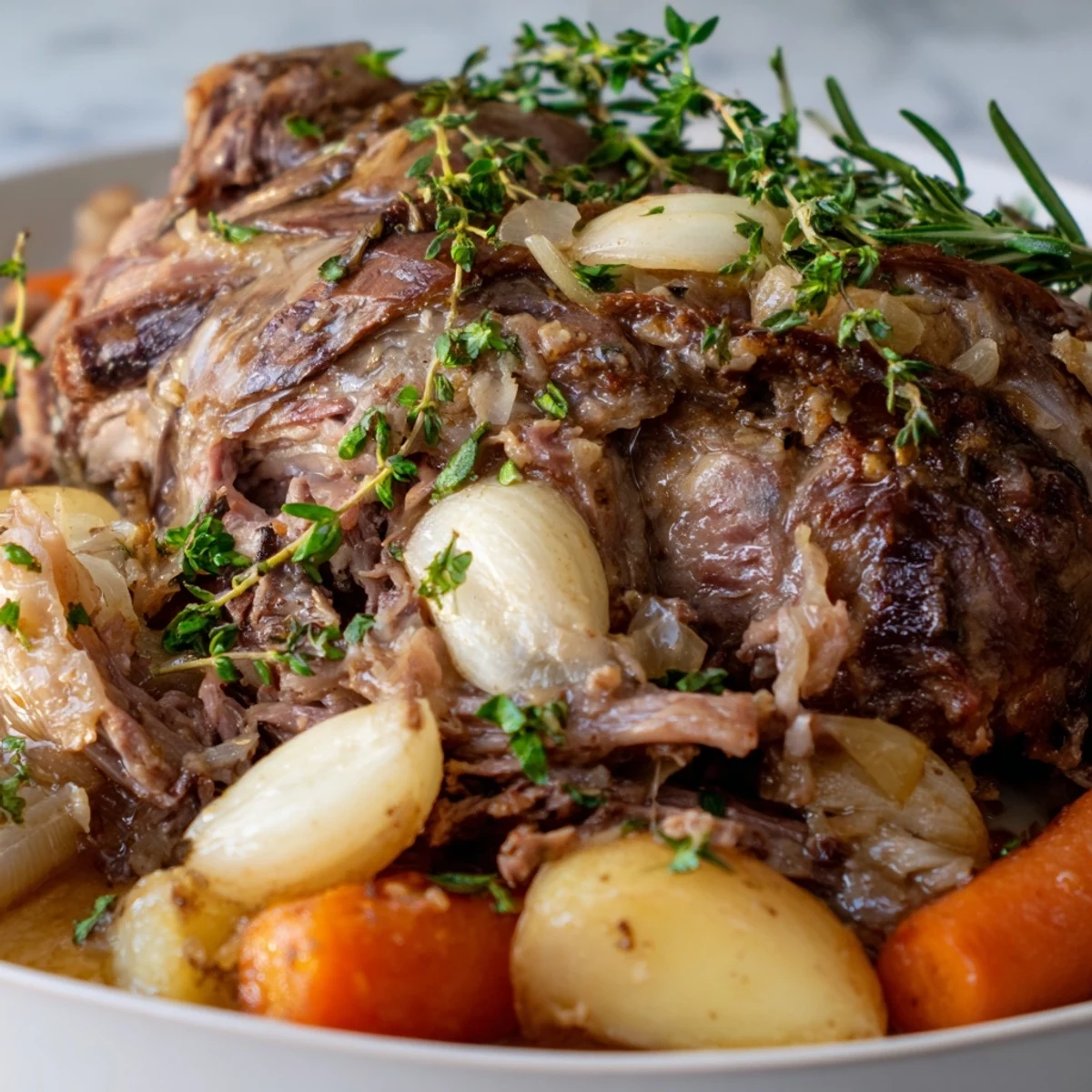 Slow Cooked Lamb Shoulder with Garlic and Herbs, fall-apart tender and glistening with pan juices, served over creamy mashed potatoes.