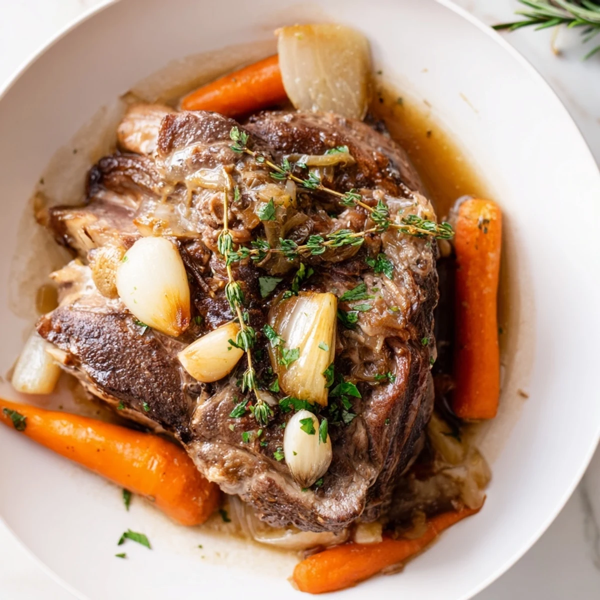 Succulent Slow Cooked Lamb Shoulder with Garlic and Herbs shredded on a platter next to roasted carrots and lemon wedges.