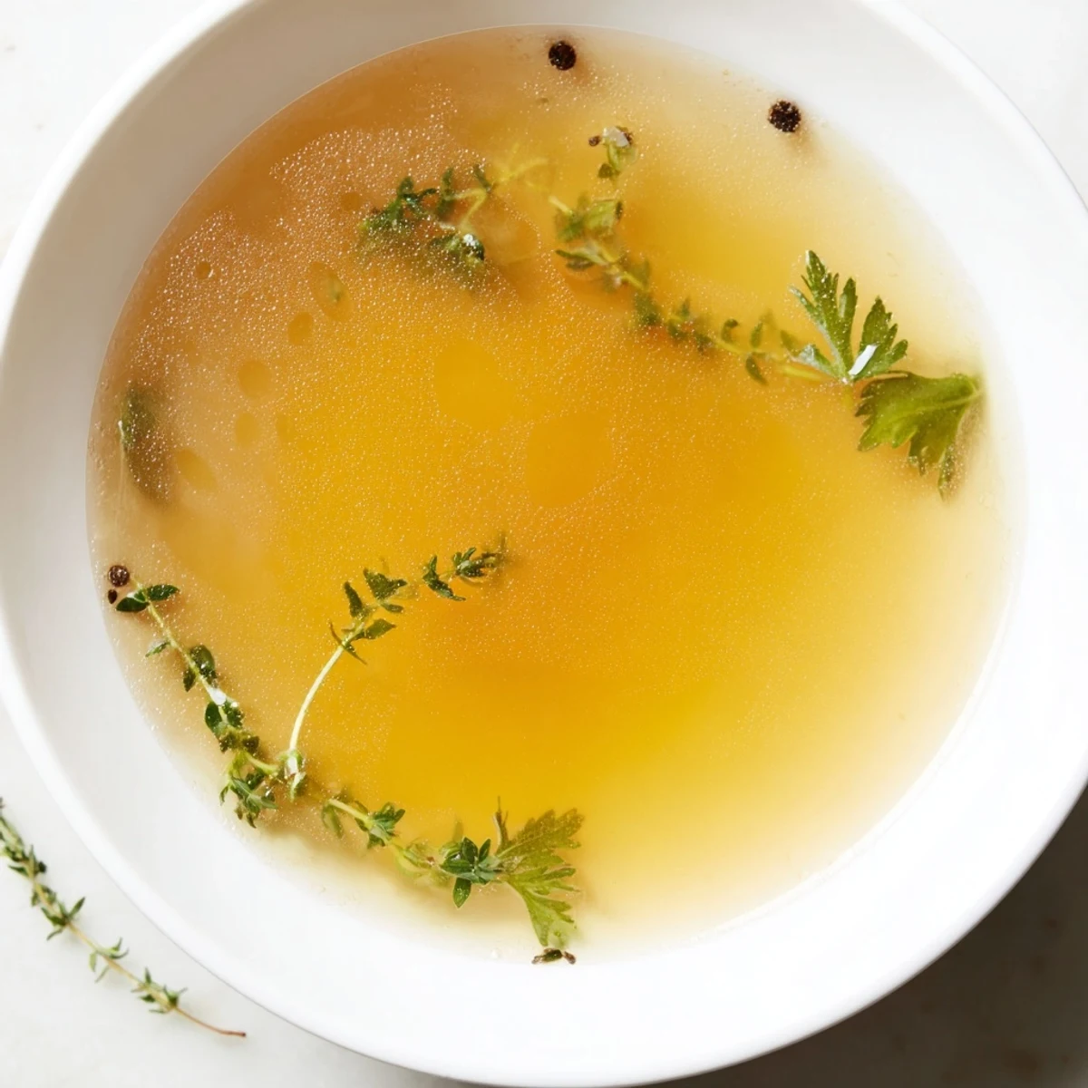 Steaming Homemade Vegetable Broth with Fresh Herbs in a clear pot, showcasing carrots, celery, and thyme.