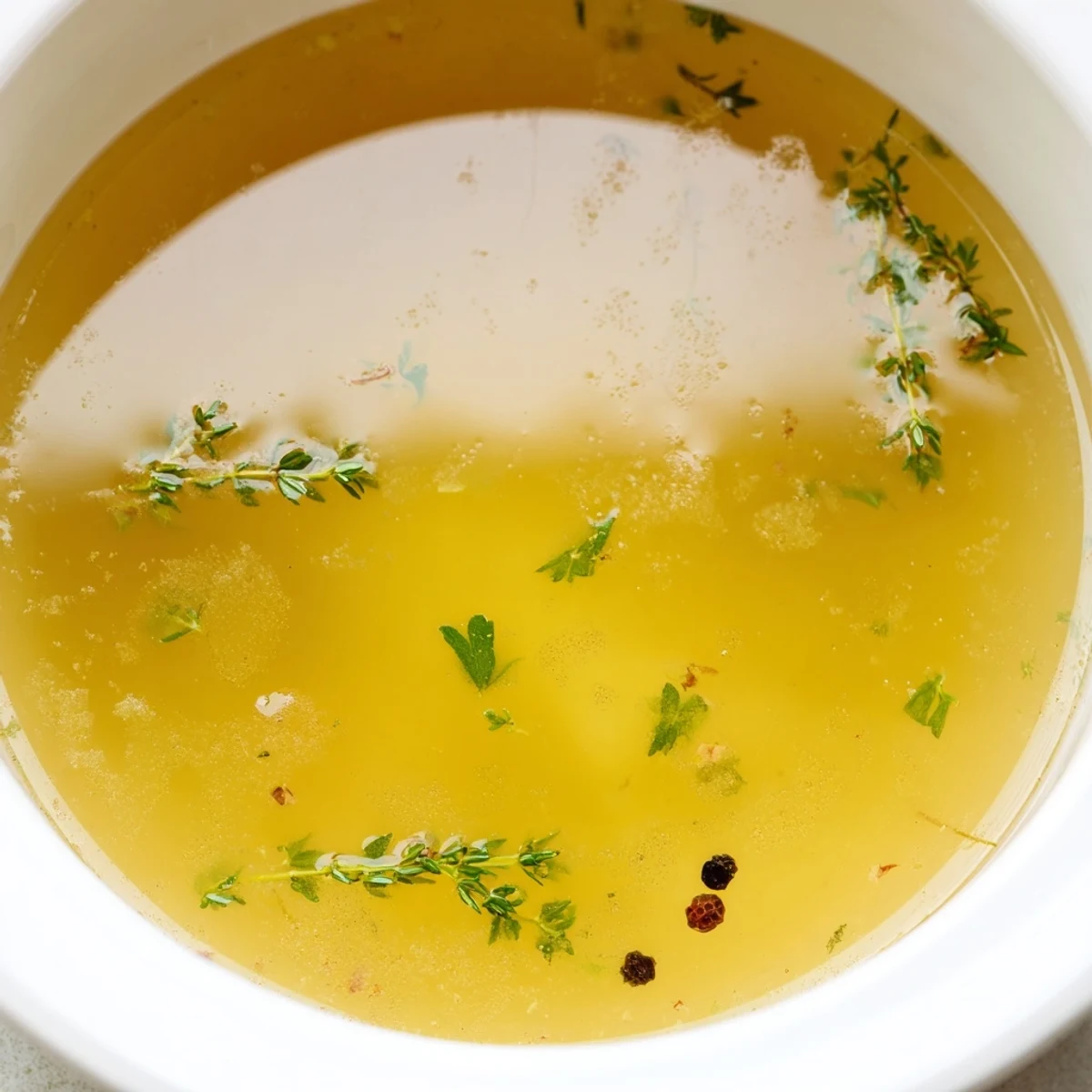 Straining Homemade Vegetable Broth with Fresh Herbs through a sieve into a glass pitcher, keeping the kitchen counter neat.