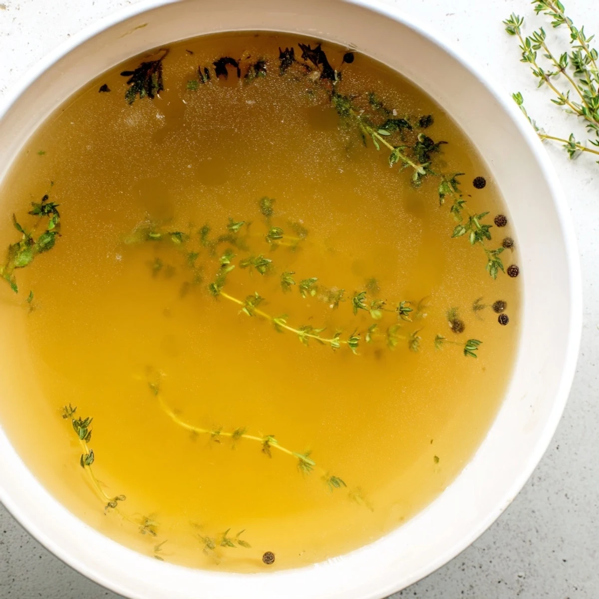 A glass bowl holds golden Homemade Vegetable Broth with Fresh Herbs, garnished with parsley, ready for a cozy meal.