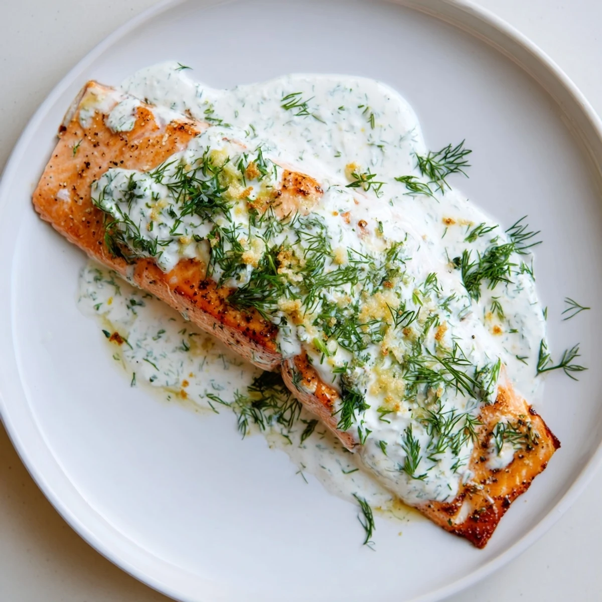 Golden-brown Baked Salmon with Garlic Butter and Dill Sauce flaking easily with a fork on a white plate.