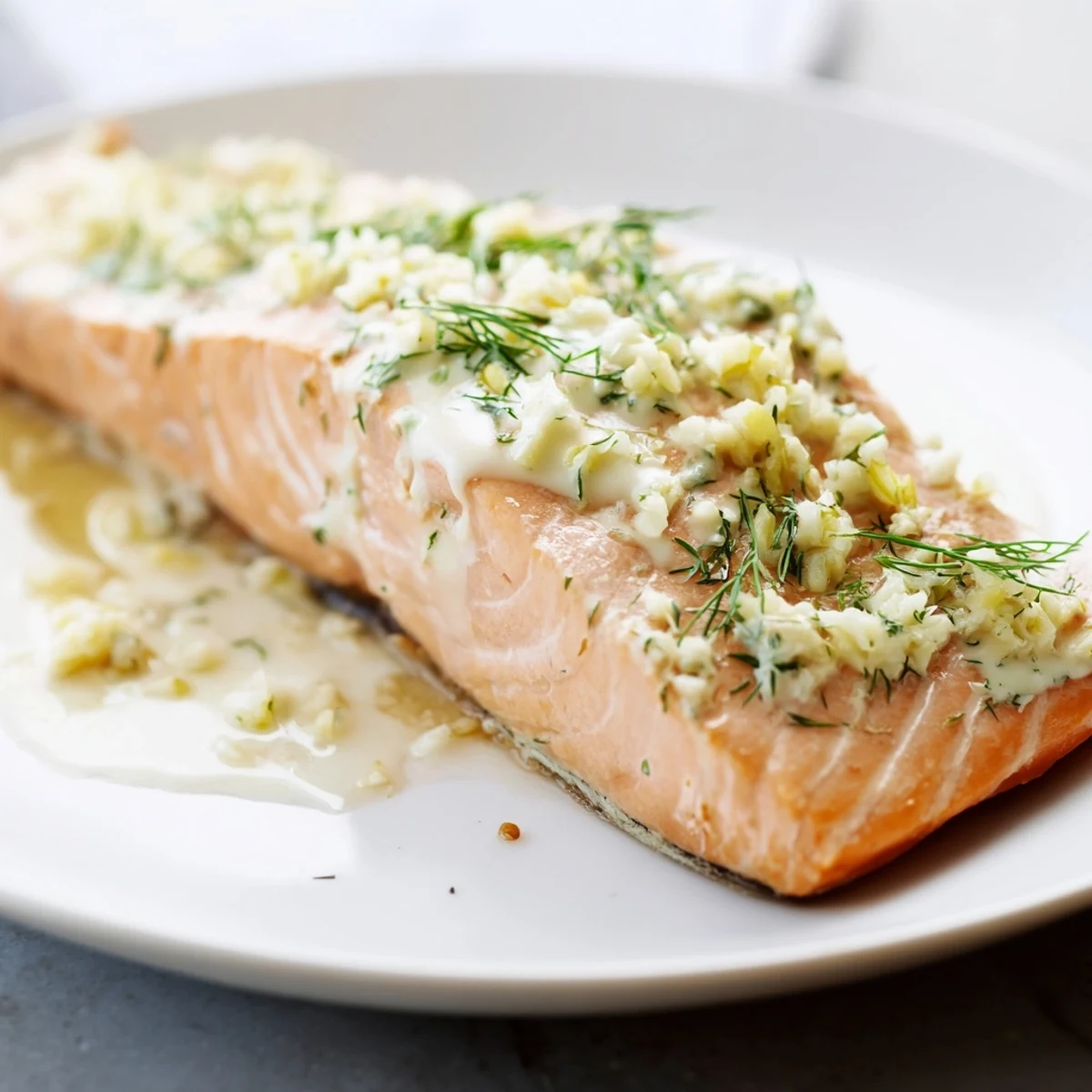Tender Baked Salmon with Garlic Butter and Dill Sauce topped with fresh green herbs and lemon slices.