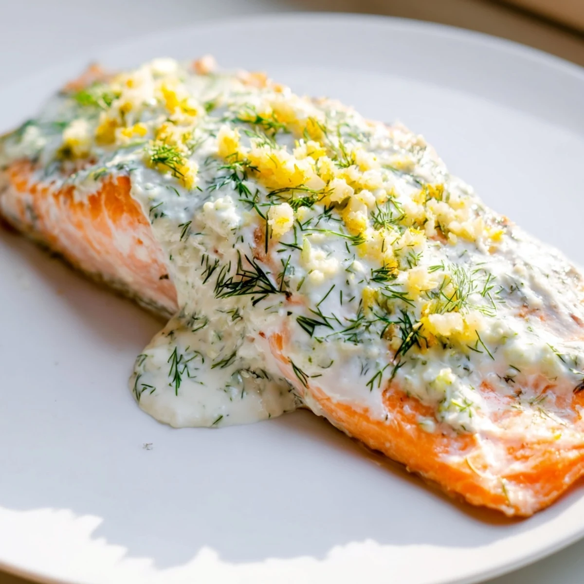 Freshly baked fillet of Baked Salmon with Garlic Butter and Dill Sauce served beside roasted asparagus spears.