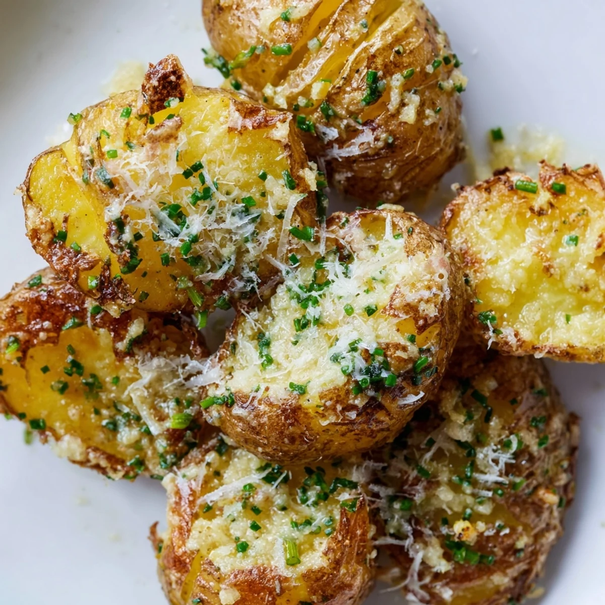 Golden, crispy smashed Garlic Parmesan Smashed Potatoes with Fresh Chives on a baking sheet, served as a savory side.