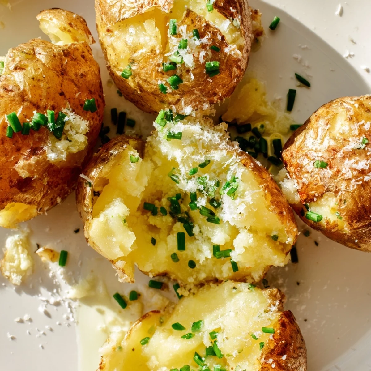 Melted garlic butter and grated Parmesan top tender smashed Garlic Parmesan Smashed Potatoes with Fresh Chives for a crowd-pleasing dish.