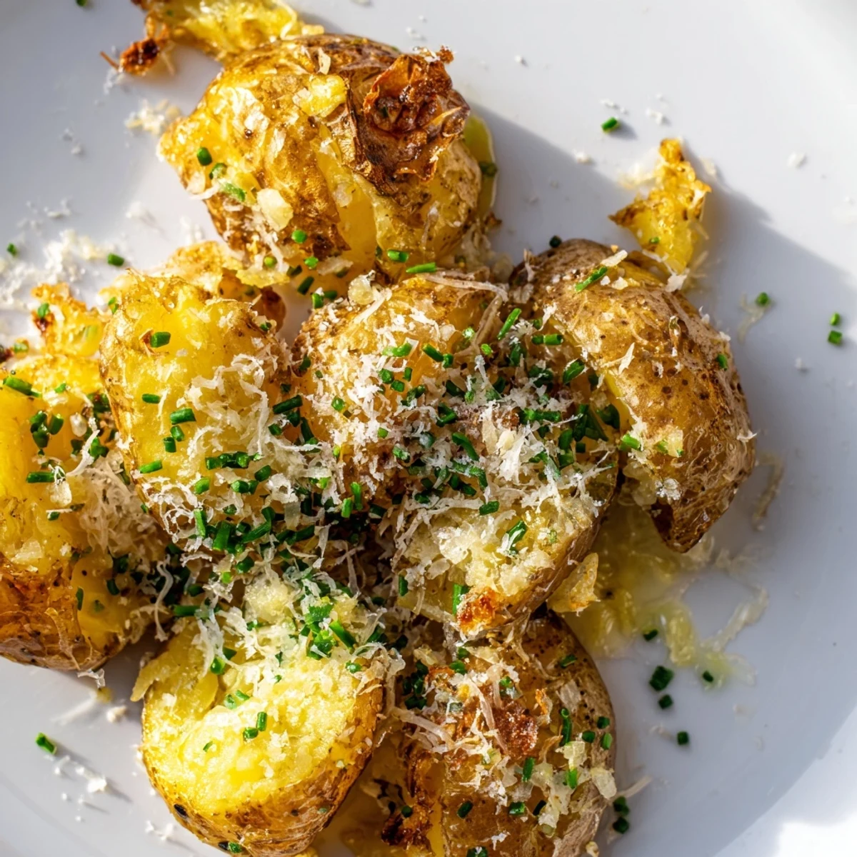 Freshly chopped chives garnish baked Garlic Parmesan Smashed Potatoes with Fresh Chives, ready to serve alongside grilled chicken.