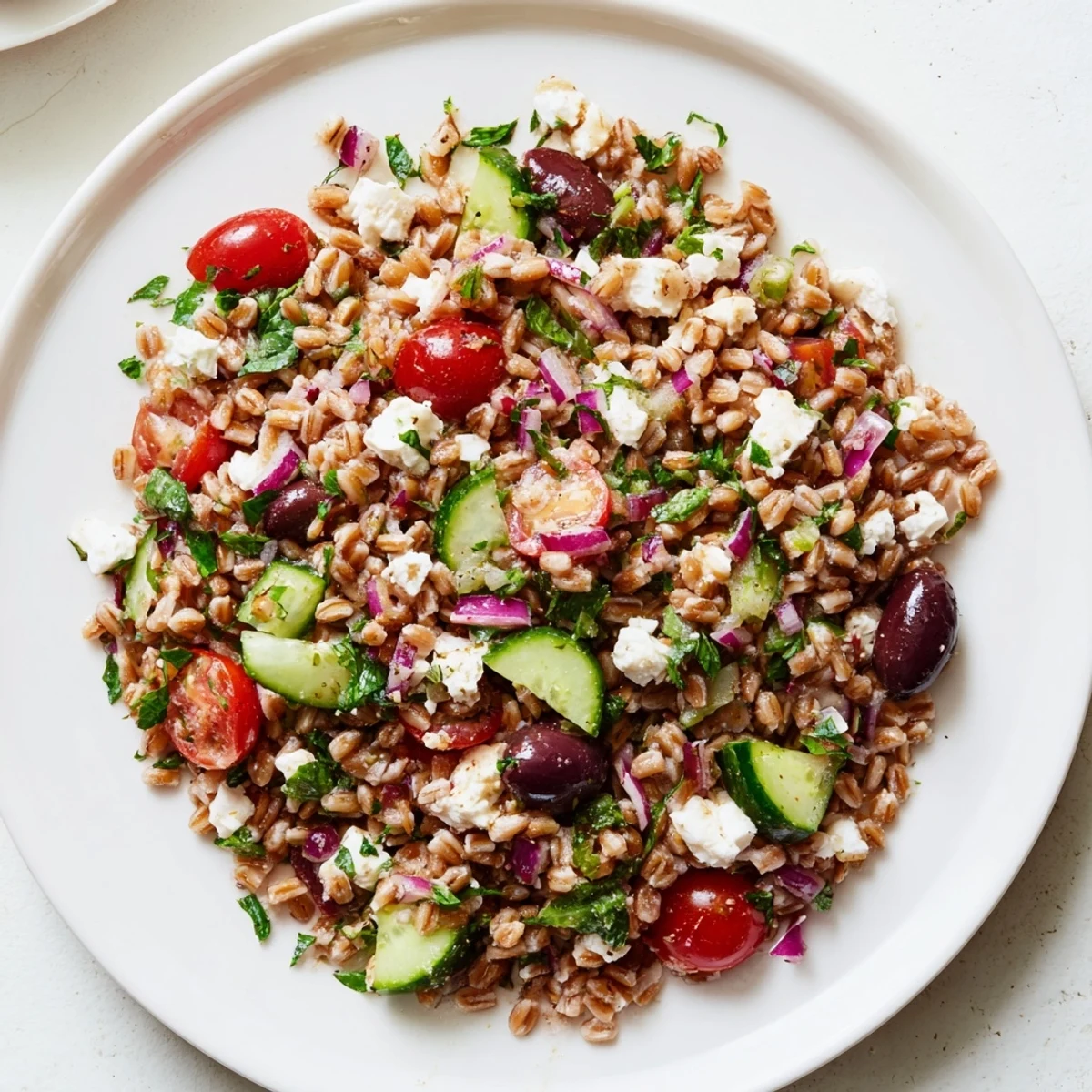 Fork-tender farro salad with cucumbers, tomatoes, and feta cheese in a lemon-herb vinaigrette.