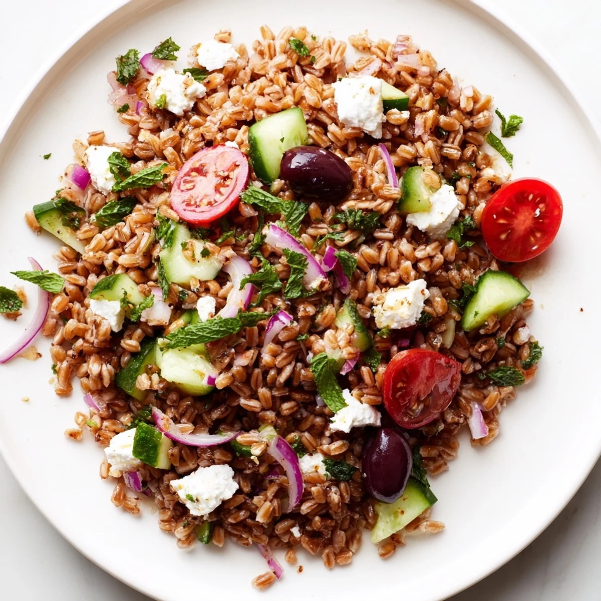 Hearty Mediterranean farro salad featuring crumbled feta, cucumbers, and olives on a rustic platter.