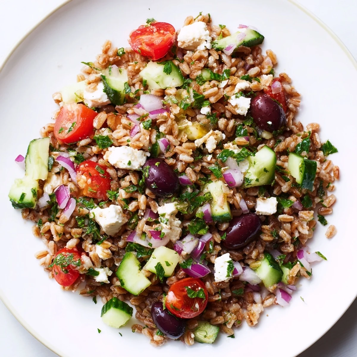 Chilled Mediterranean farro salad with cucumber and feta cheese, garnished with fresh mint and tomatoes.