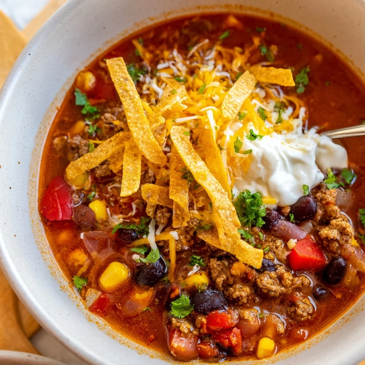 Steaming bowl of Beef Enchilada Soup topped with melted cheddar, sour cream, and fresh cilantro.