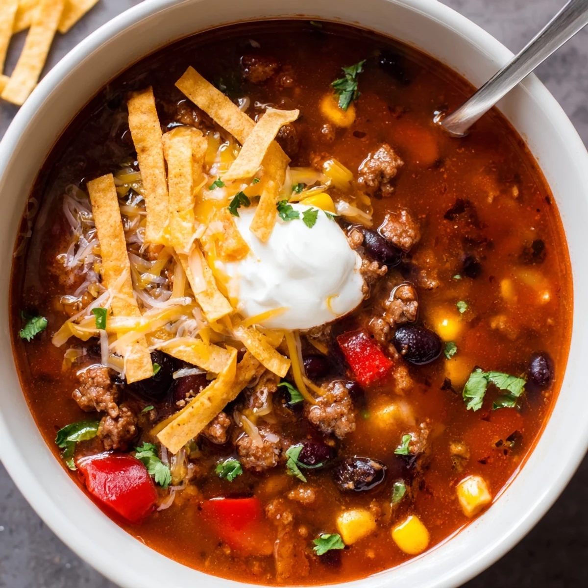 Hearty Beef Enchilada Soup served with crispy tortilla strips and diced avocado garnish.