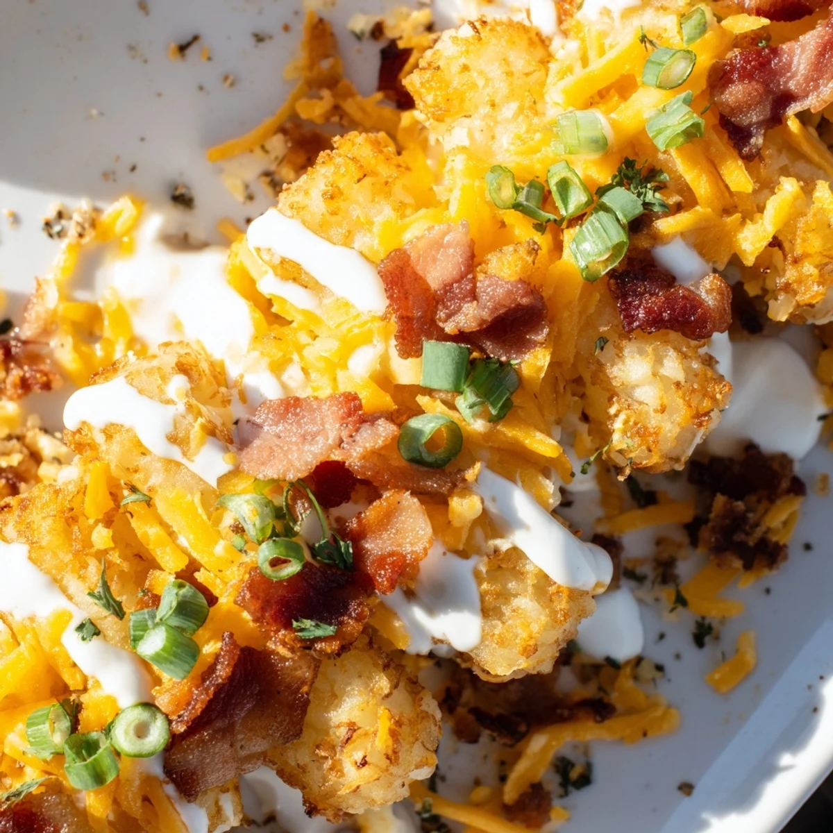 Golden, crispy tater tots on a skewer topped with melted cheddar, crumbled bacon, and a dollop of sour cream.  