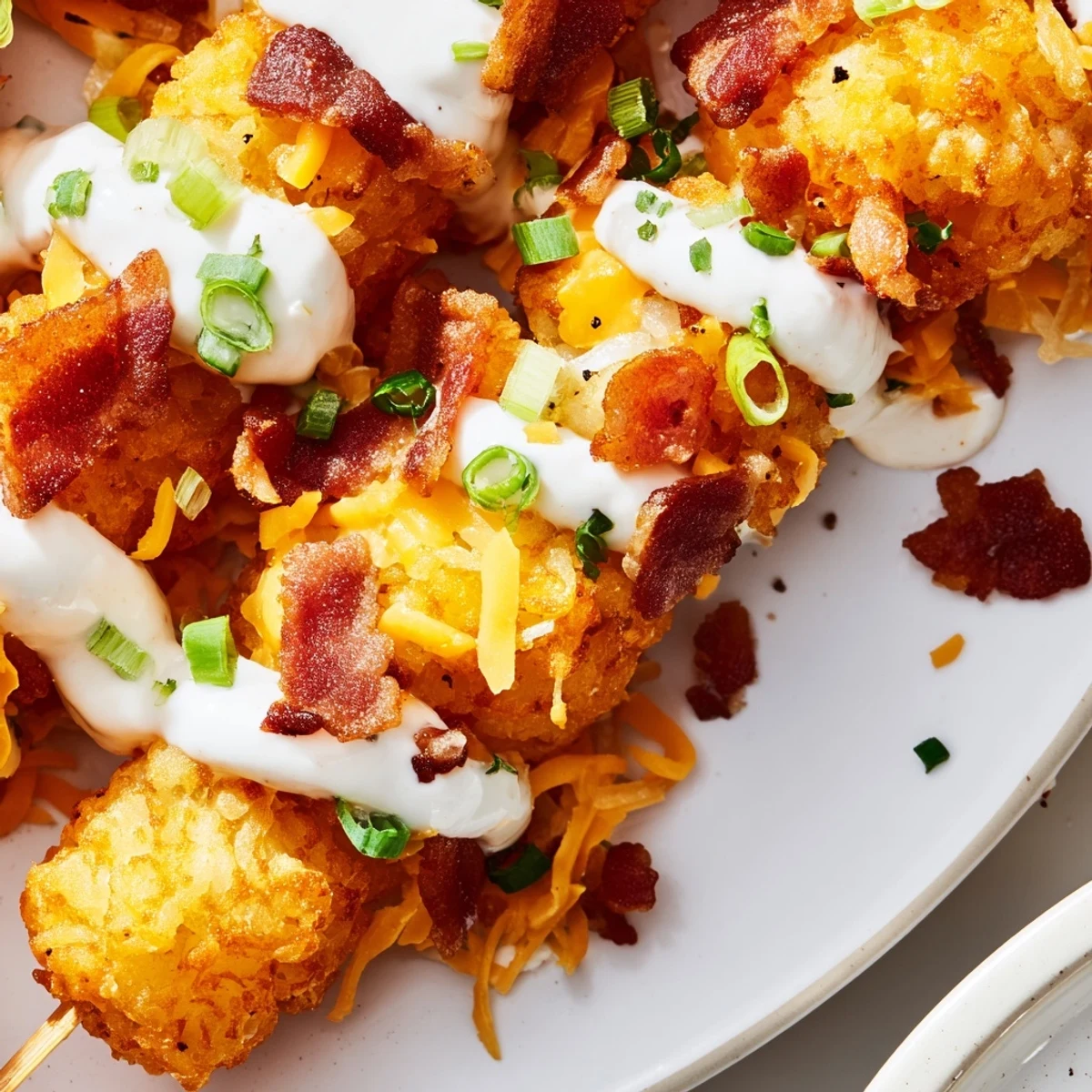 This loaded tater tot skewer is the ultimate game day snack, finished with fresh scallions and a hint of pepper.  