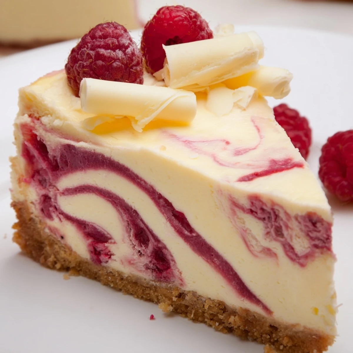 Freshly sliced White Chocolate Raspberry Cheesecake showcases a creamy texture with vibrant red swirls on a graham cracker crust. 