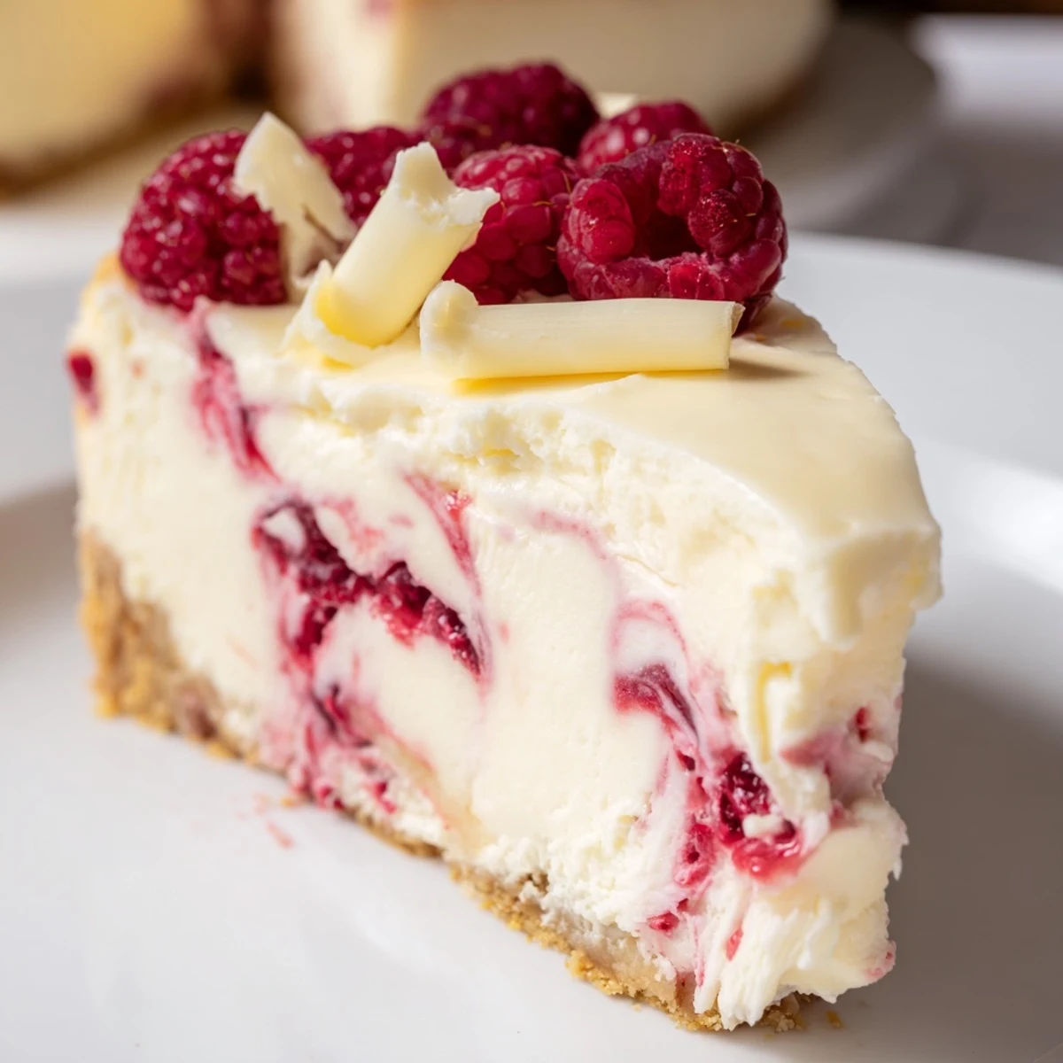 A close-up view of a White Chocolate Raspberry Cheesecake garnished with fresh berries and white chocolate shavings. 